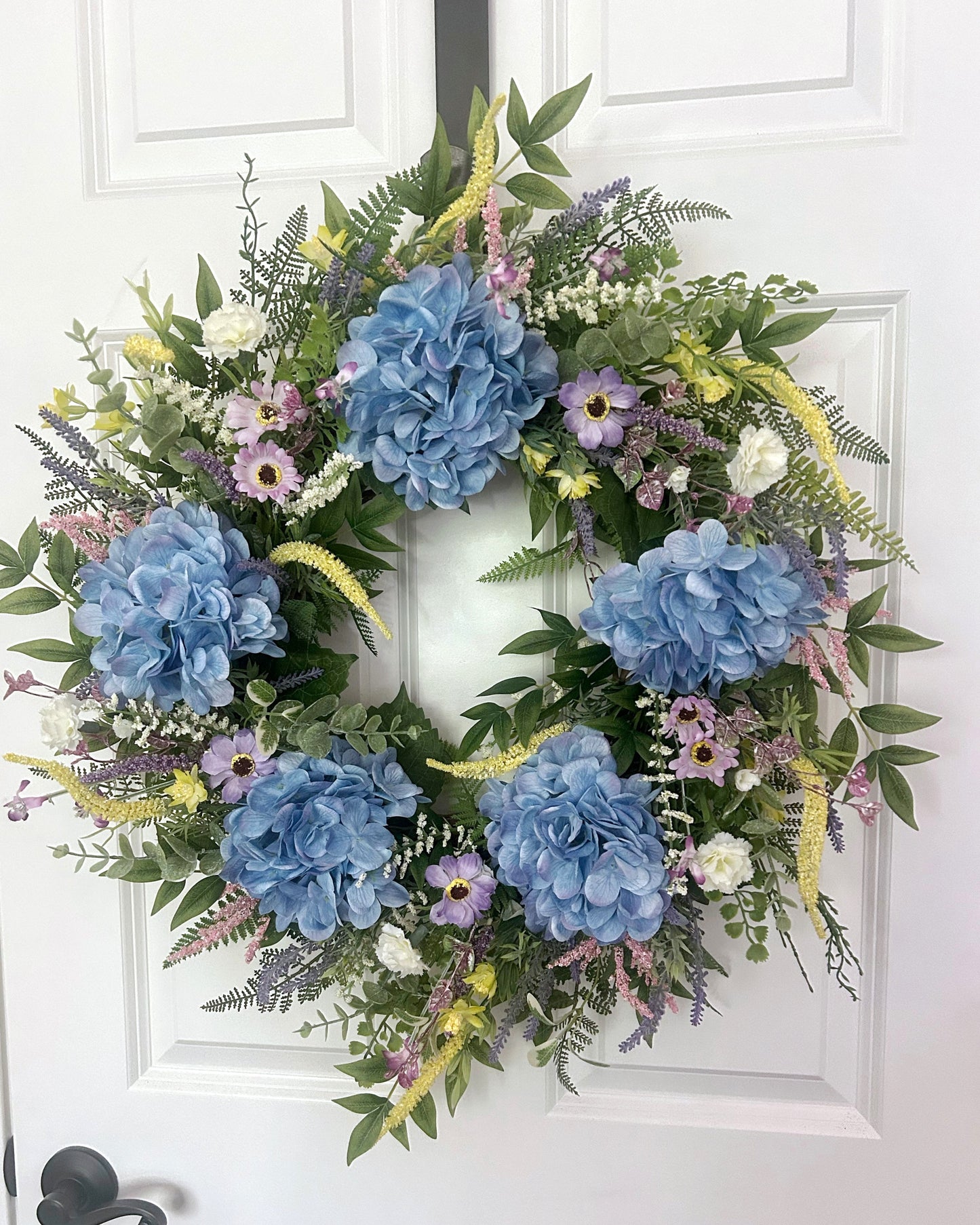 Summer Garden Wreath with Blue Hydrangeas, Spring Summer Wreath for Front Door