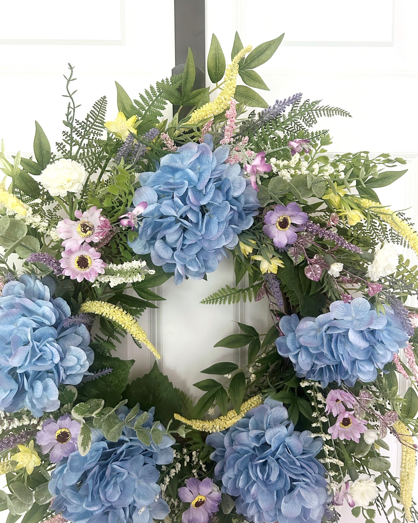 Summer Garden Wreath with Blue Hydrangeas, Spring Summer Wreath for Front Door