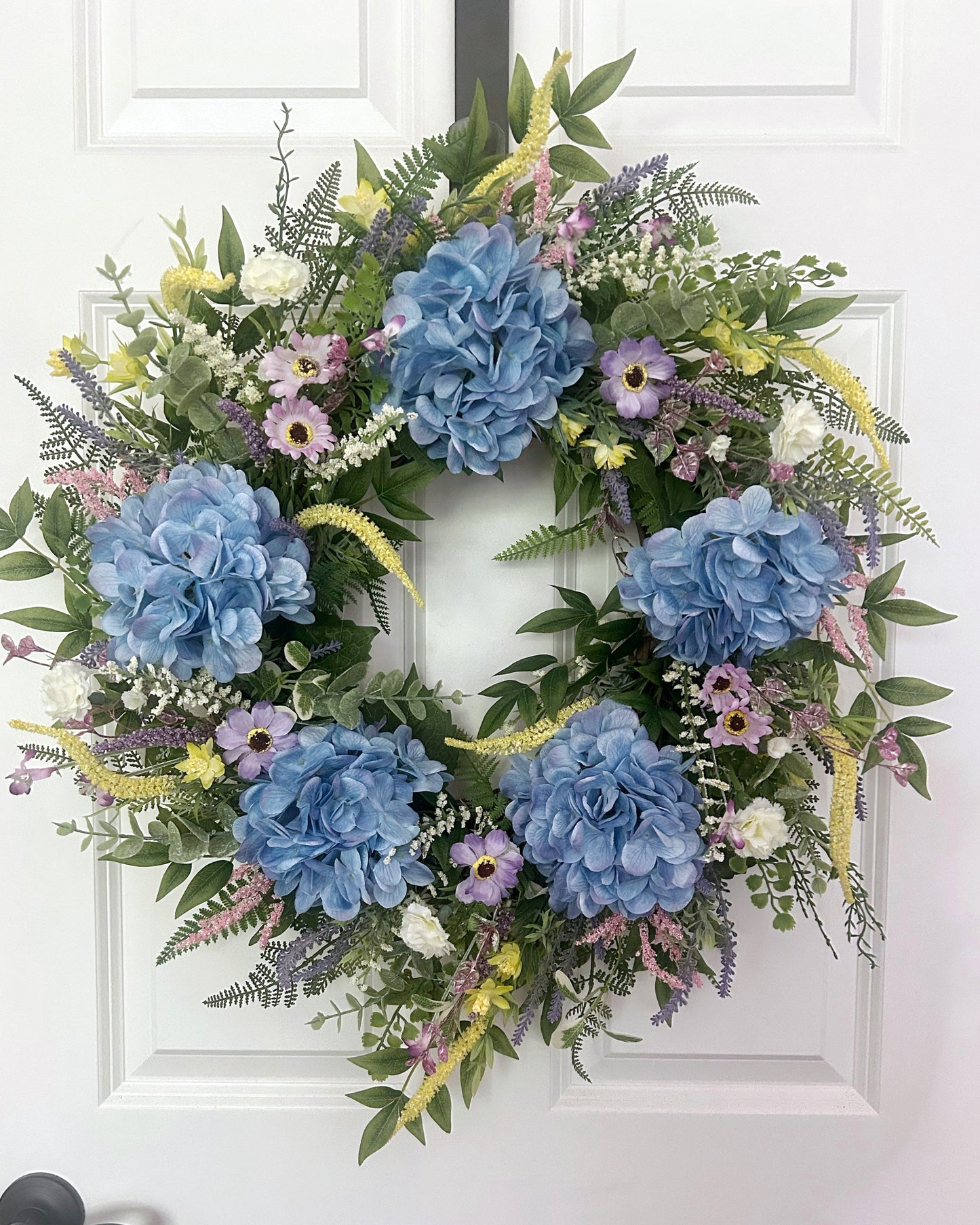 Summer Garden Wreath with Blue Hydrangeas, Spring Summer Wreath for Front Door
