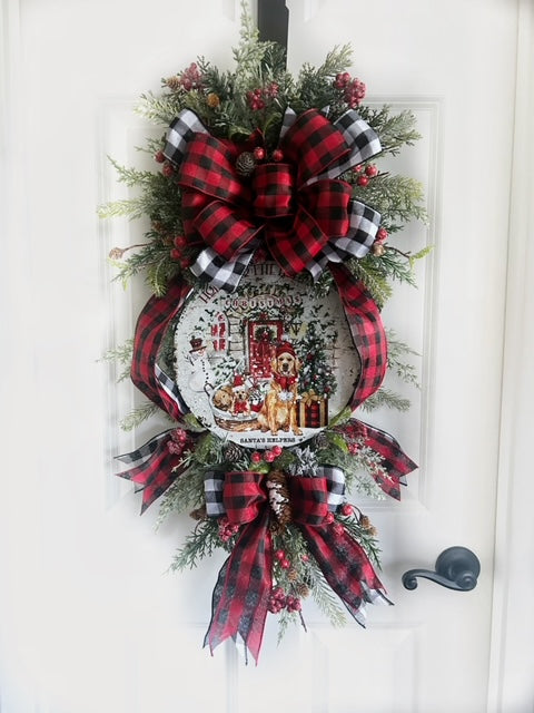 Buffalo Plaid Christmas Swag Wreath with Golden Retriever Dogs