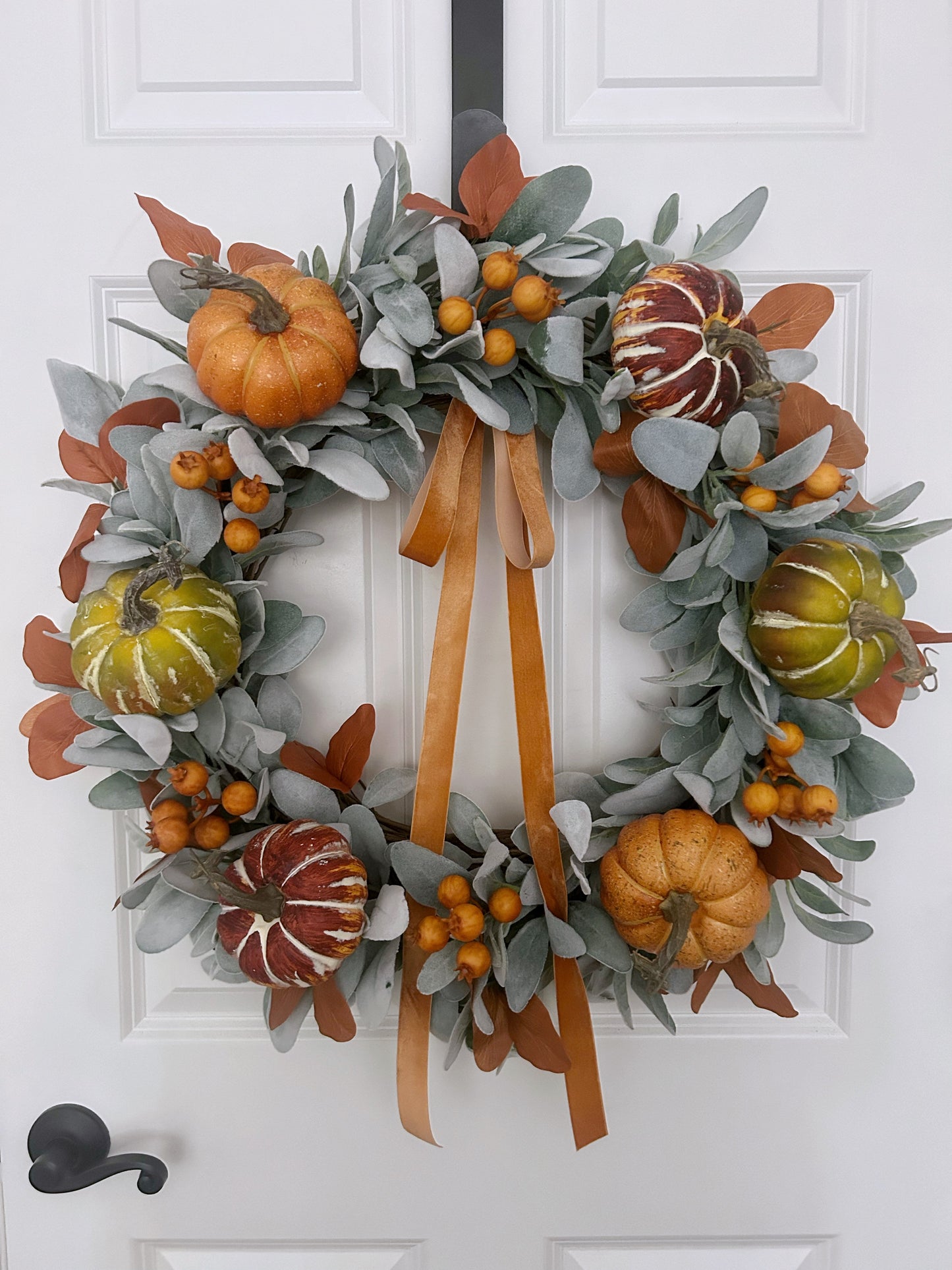 Large Fall Wreath for Front Door with Lambs Ear and Pumpkins