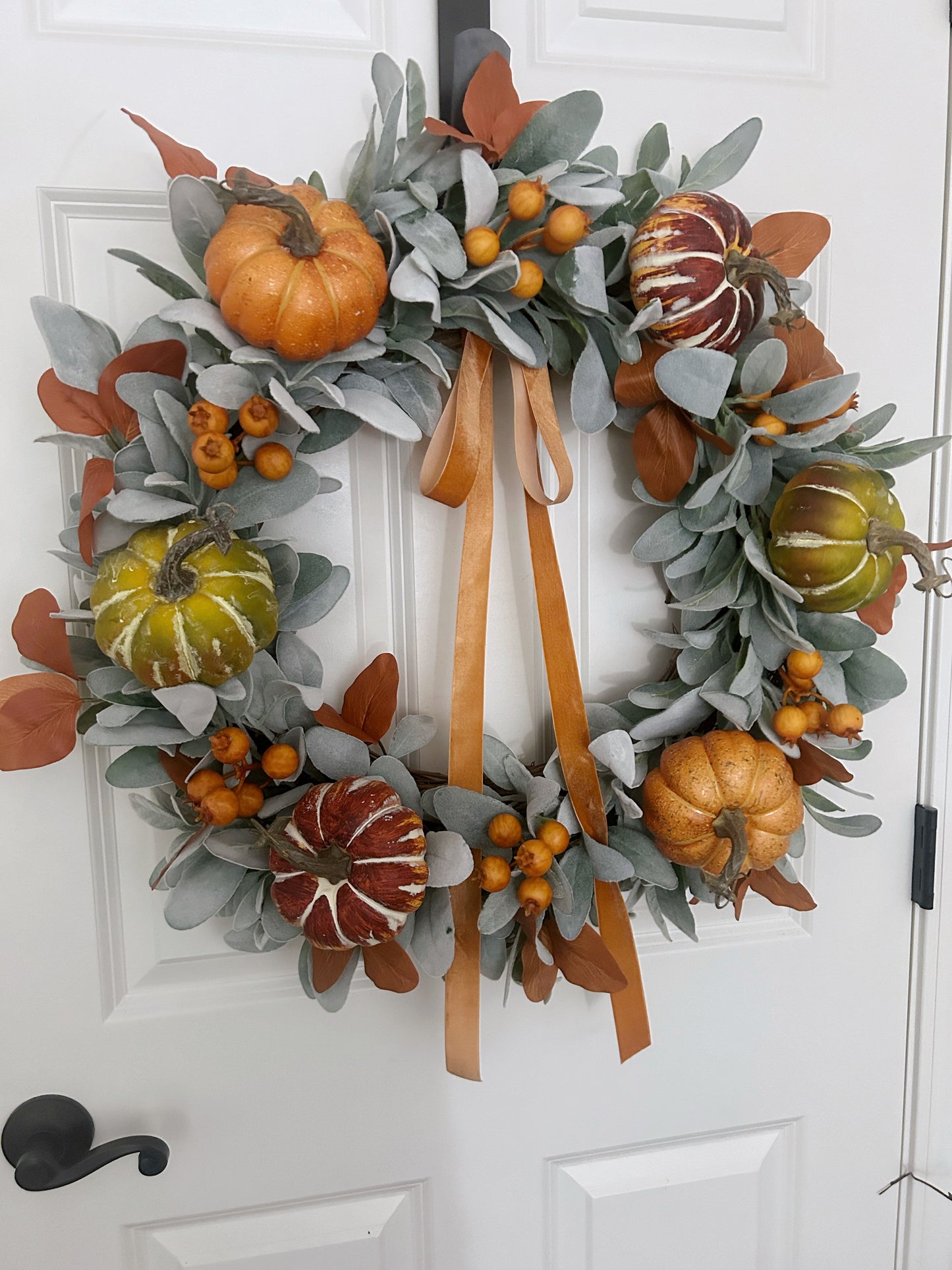 Large Fall Wreath for Front Door with Lambs Ear and Pumpkins