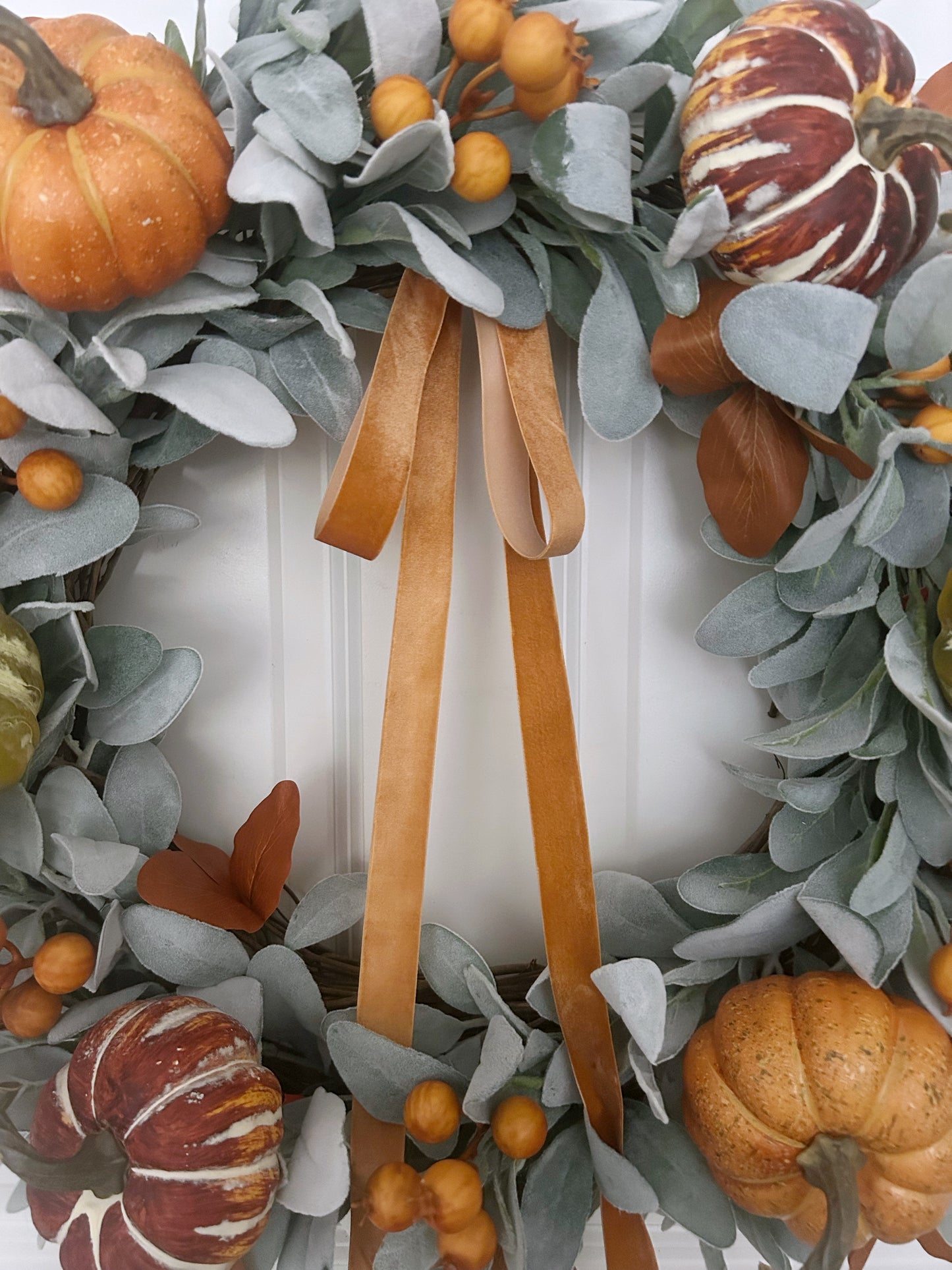 Large Fall Wreath for Front Door with Lambs Ear and Pumpkins