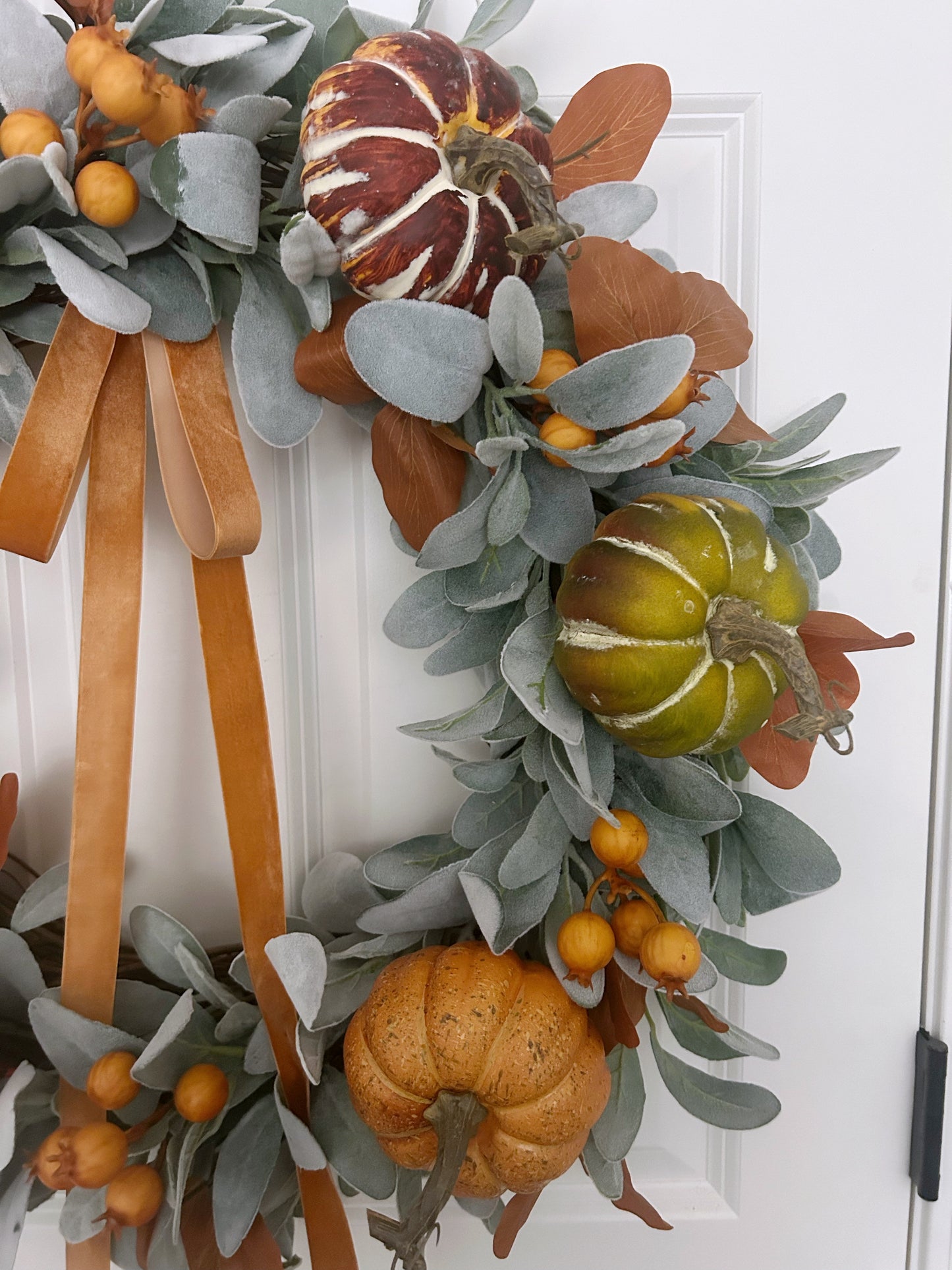 Large Fall Wreath for Front Door with Lambs Ear and Pumpkins