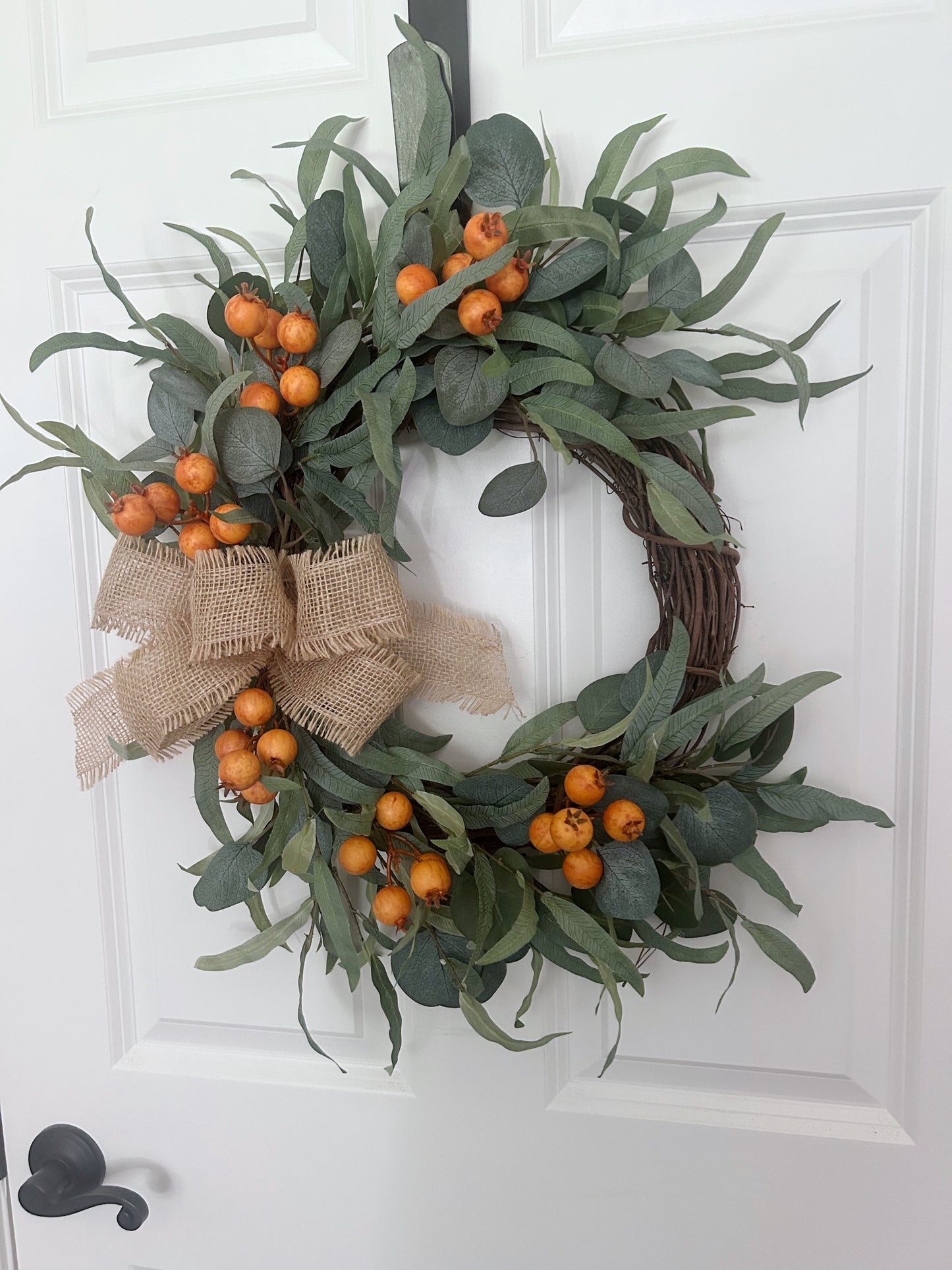 Modern Fall Wreath for Front Door – Orange Berry & Eucalyptus Farmhouse Door Décor