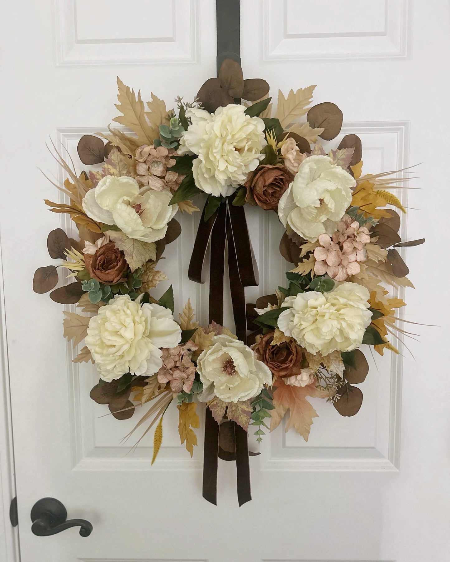 Neutral Fall Wreath with Cream Peonies & Magnolia Blooms | Elegant Autumn Door Décor with Velvet Bow – 24”