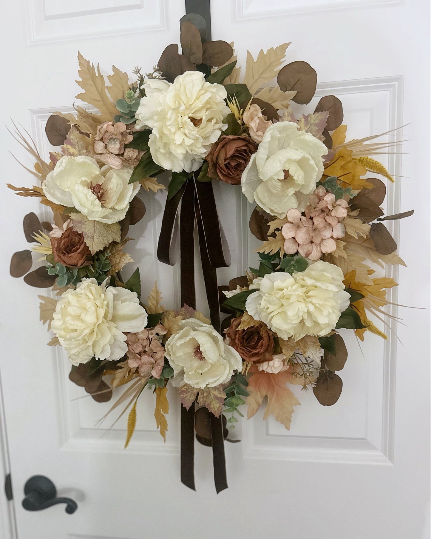 Neutral Fall Wreath with Cream Peonies & Magnolia Blooms | Elegant Autumn Door Décor with Velvet Bow – 24”
