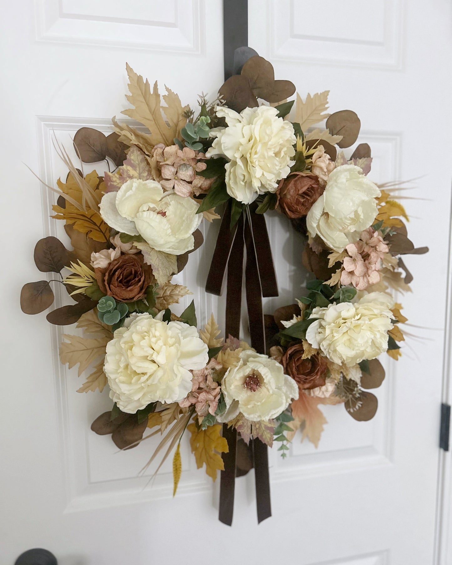 Neutral Fall Wreath with Cream Peonies & Magnolia Blooms | Elegant Autumn Door Décor with Velvet Bow – 24”