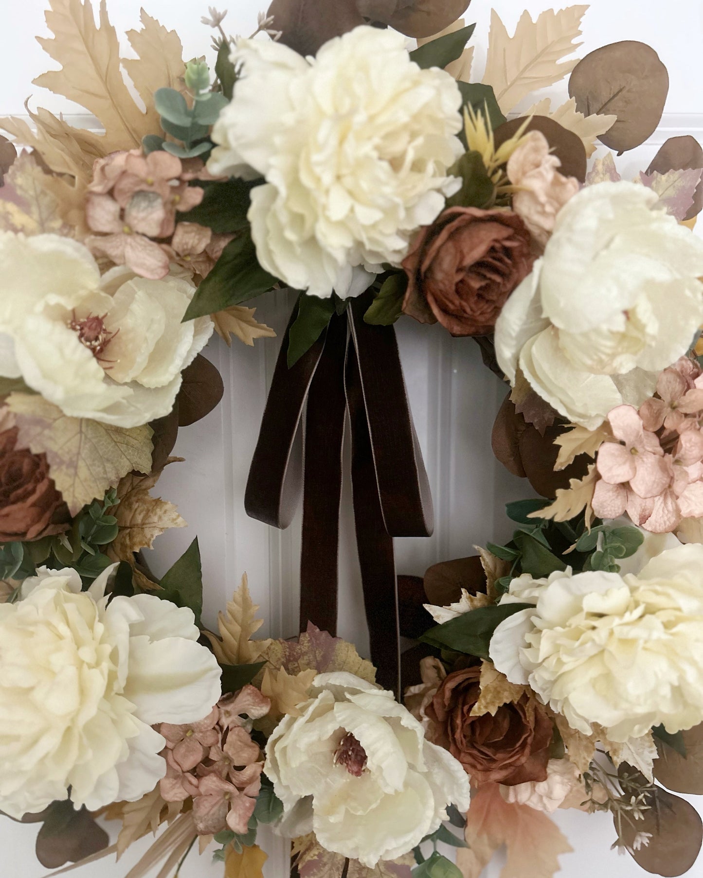 Neutral Fall Wreath with Cream Peonies & Magnolia Blooms | Elegant Autumn Door Décor with Velvet Bow – 24”