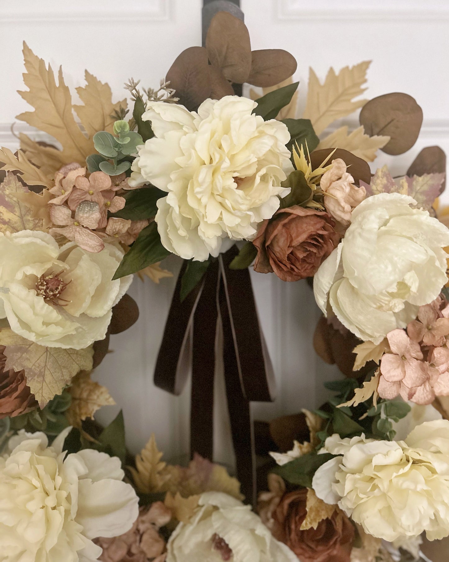 Neutral Fall Wreath with Cream Peonies & Magnolia Blooms | Elegant Autumn Door Décor with Velvet Bow – 24”