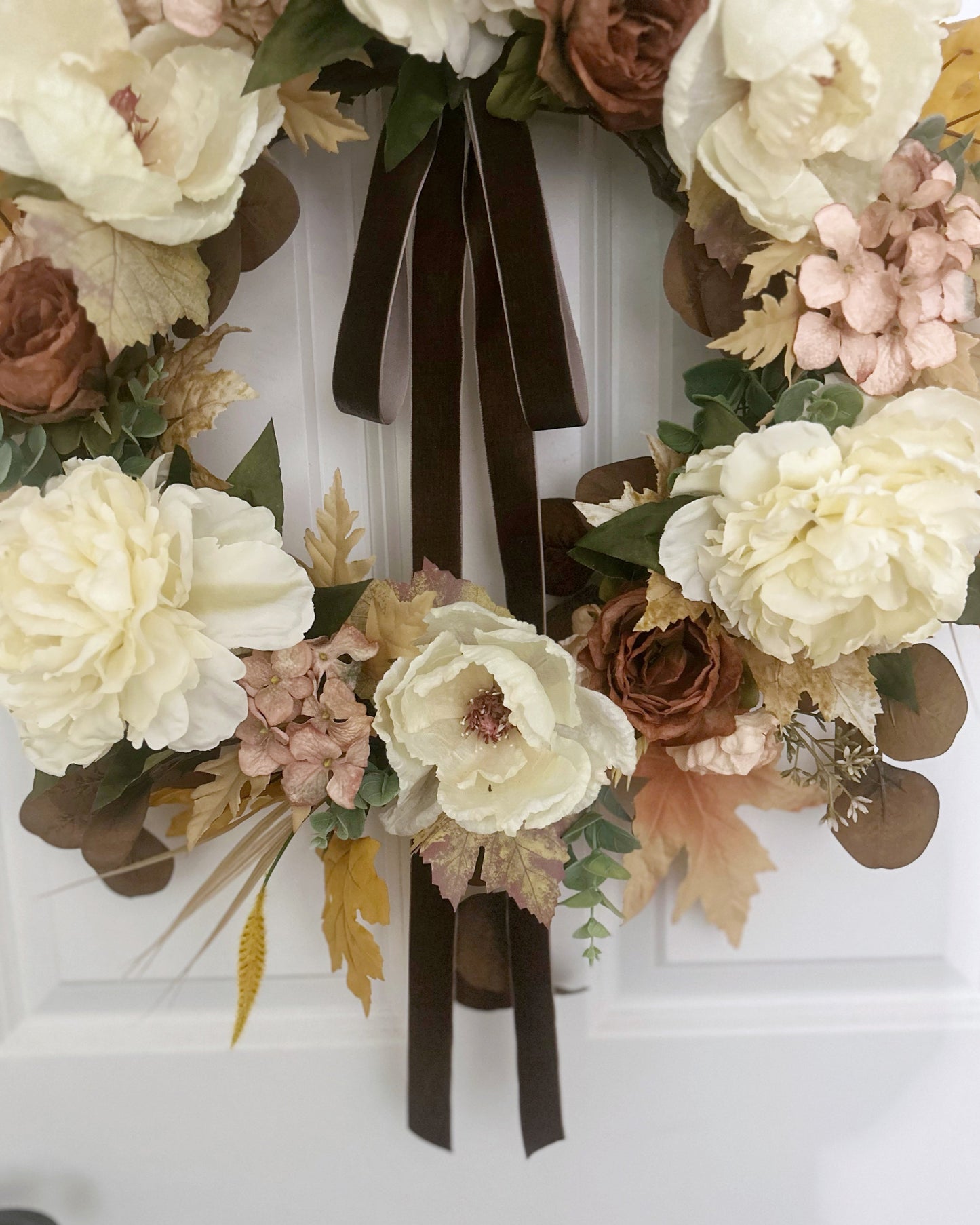 Neutral Fall Wreath with Cream Peonies & Magnolia Blooms | Elegant Autumn Door Décor with Velvet Bow – 24”