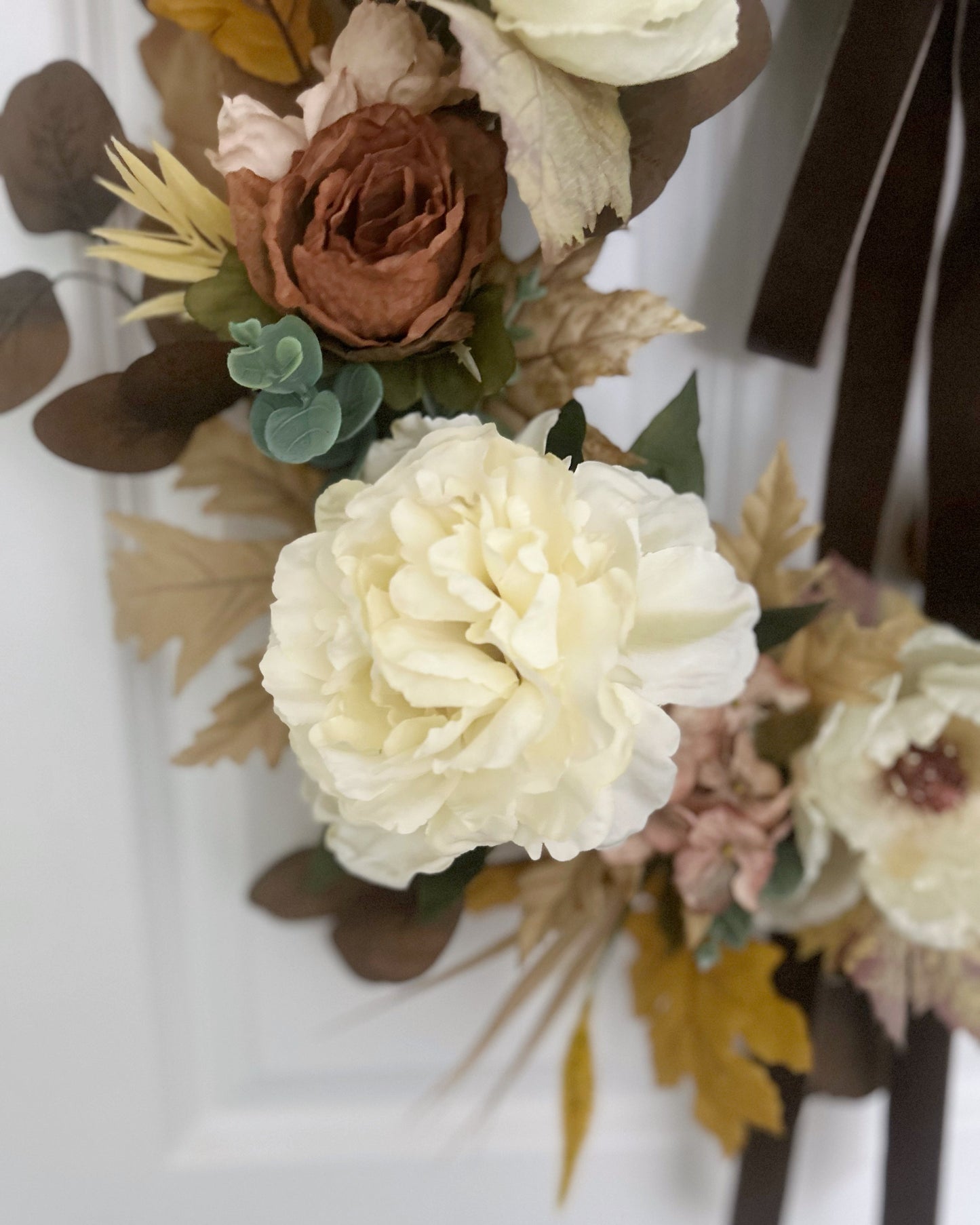 Neutral Fall Wreath with Cream Peonies & Magnolia Blooms | Elegant Autumn Door Décor with Velvet Bow – 24”