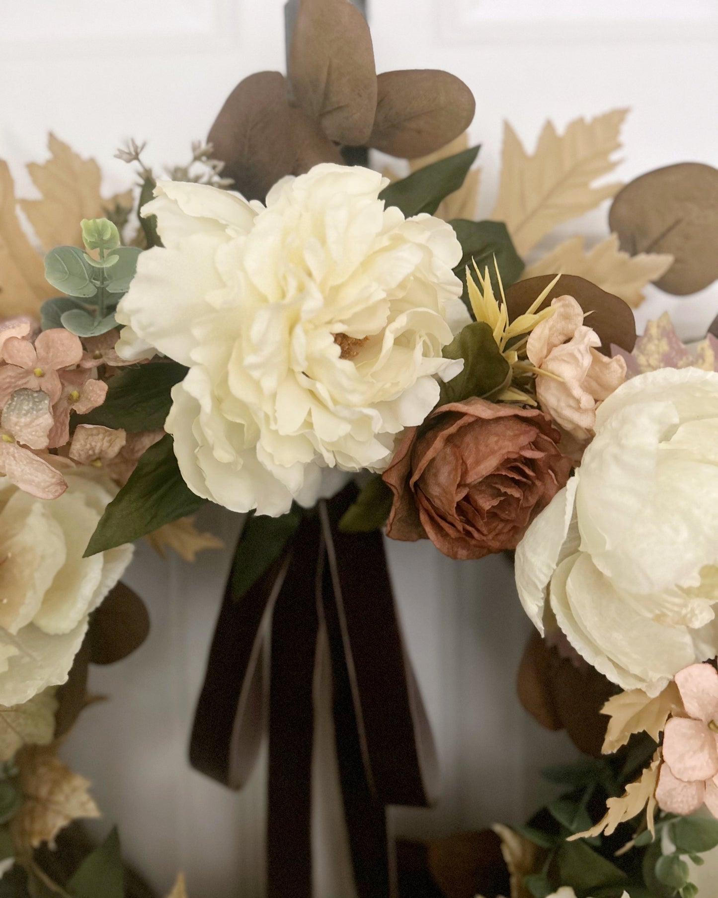 Neutral Fall Wreath with Cream Peonies & Magnolia Blooms | Elegant Autumn Door Décor with Velvet Bow – 24”
