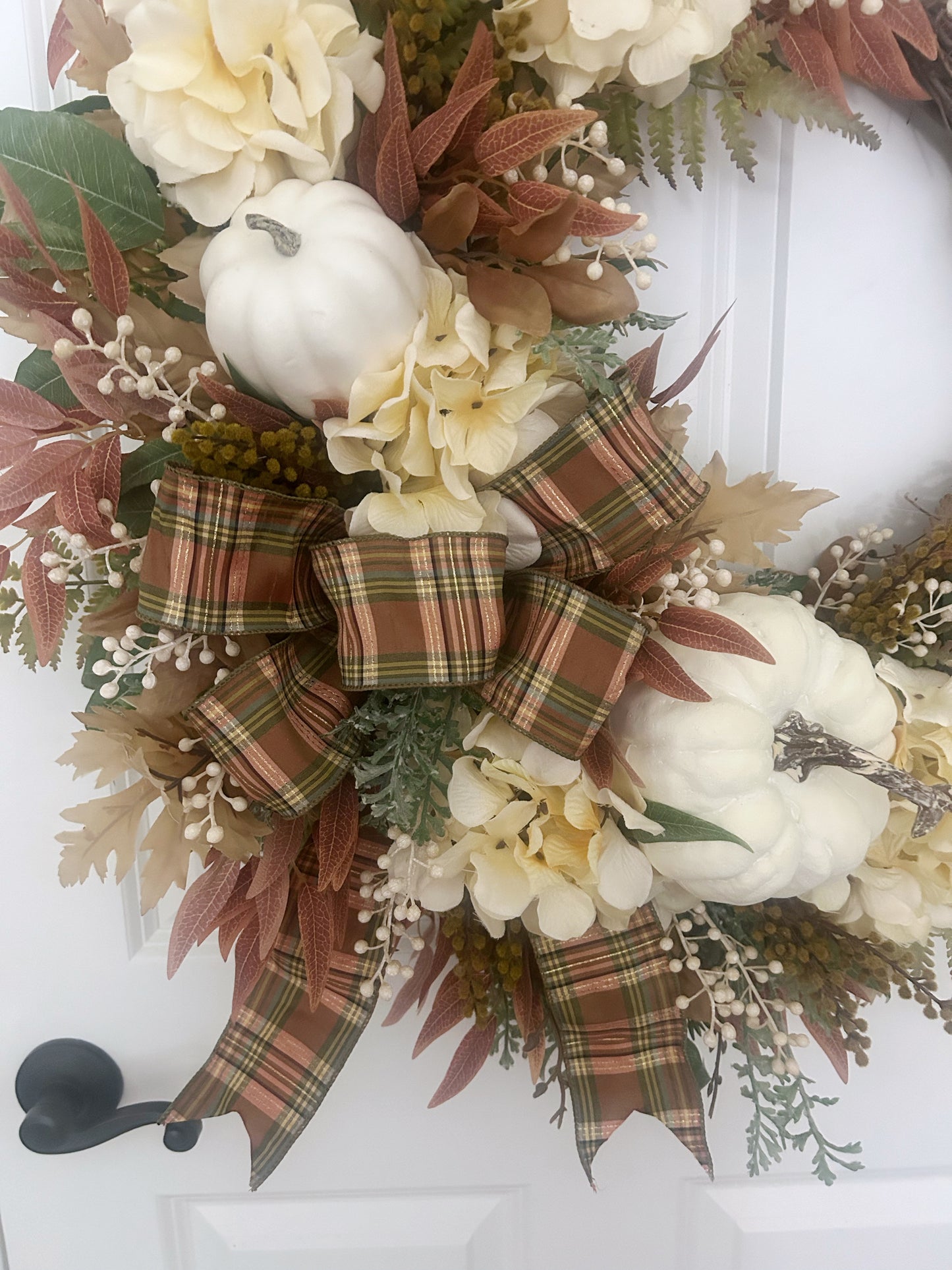 Large White Pumpkin Wreath with Cream Hydrangeas – Elegant Neutral Fall Door Décor