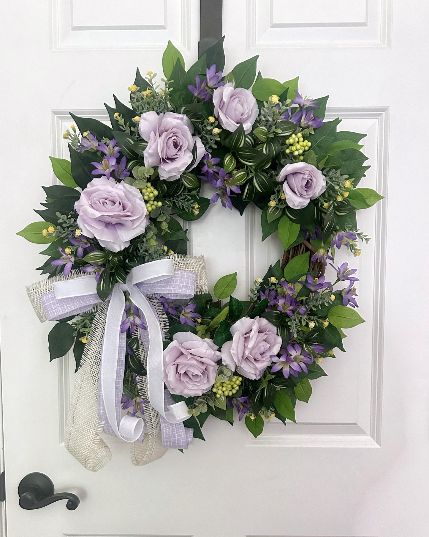 Summer Wreath for Front Door with Lavender Roses and Mixed Greenery, Purple Rose Wreath