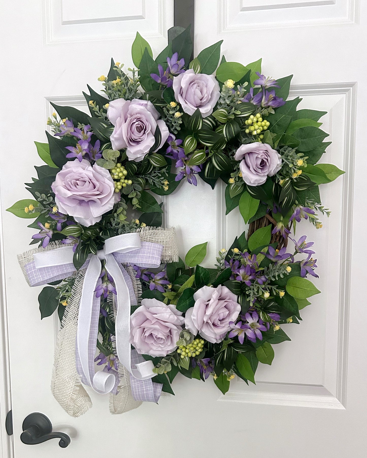 Summer Wreath for Front Door with Lavender Roses and Mixed Greenery, Purple Rose Wreath