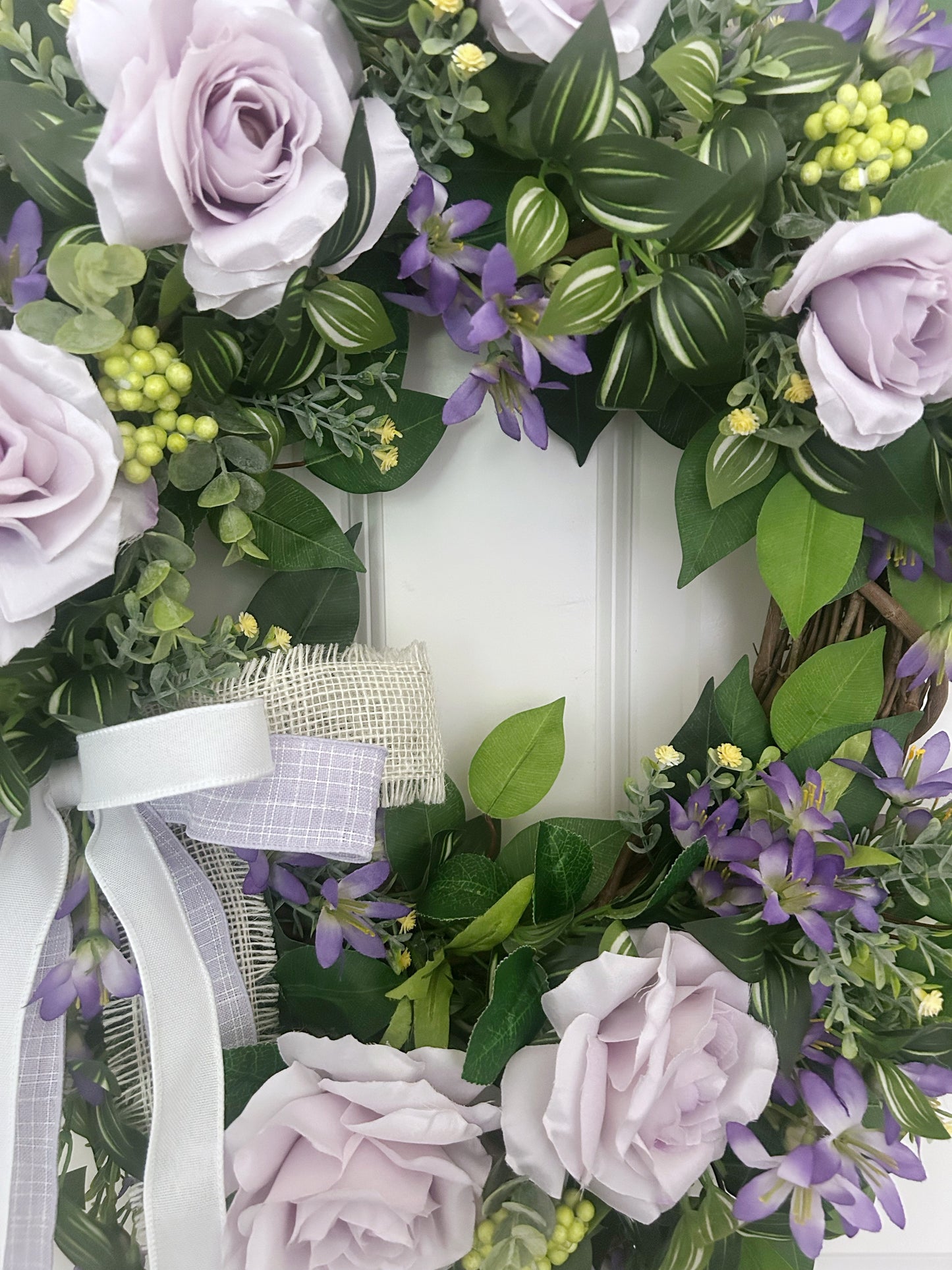 Summer Wreath for Front Door with Lavender Roses and Mixed Greenery, Purple Rose Wreath