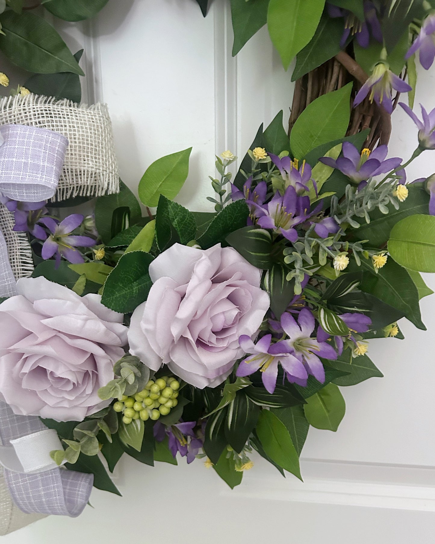 Summer Wreath for Front Door with Lavender Roses and Mixed Greenery, Purple Rose Wreath