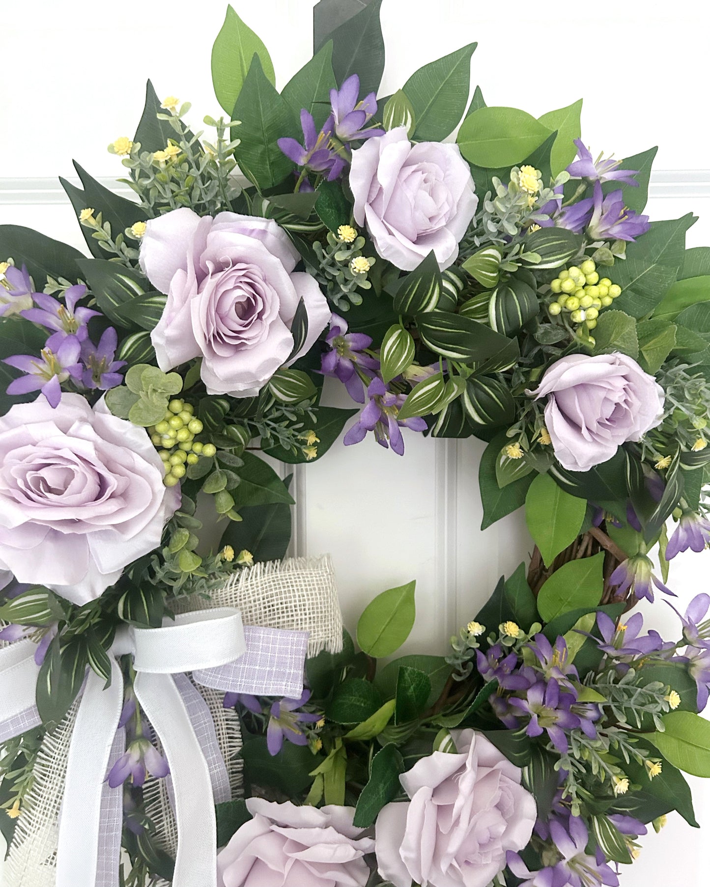 Summer Wreath for Front Door with Lavender Roses and Mixed Greenery, Purple Rose Wreath