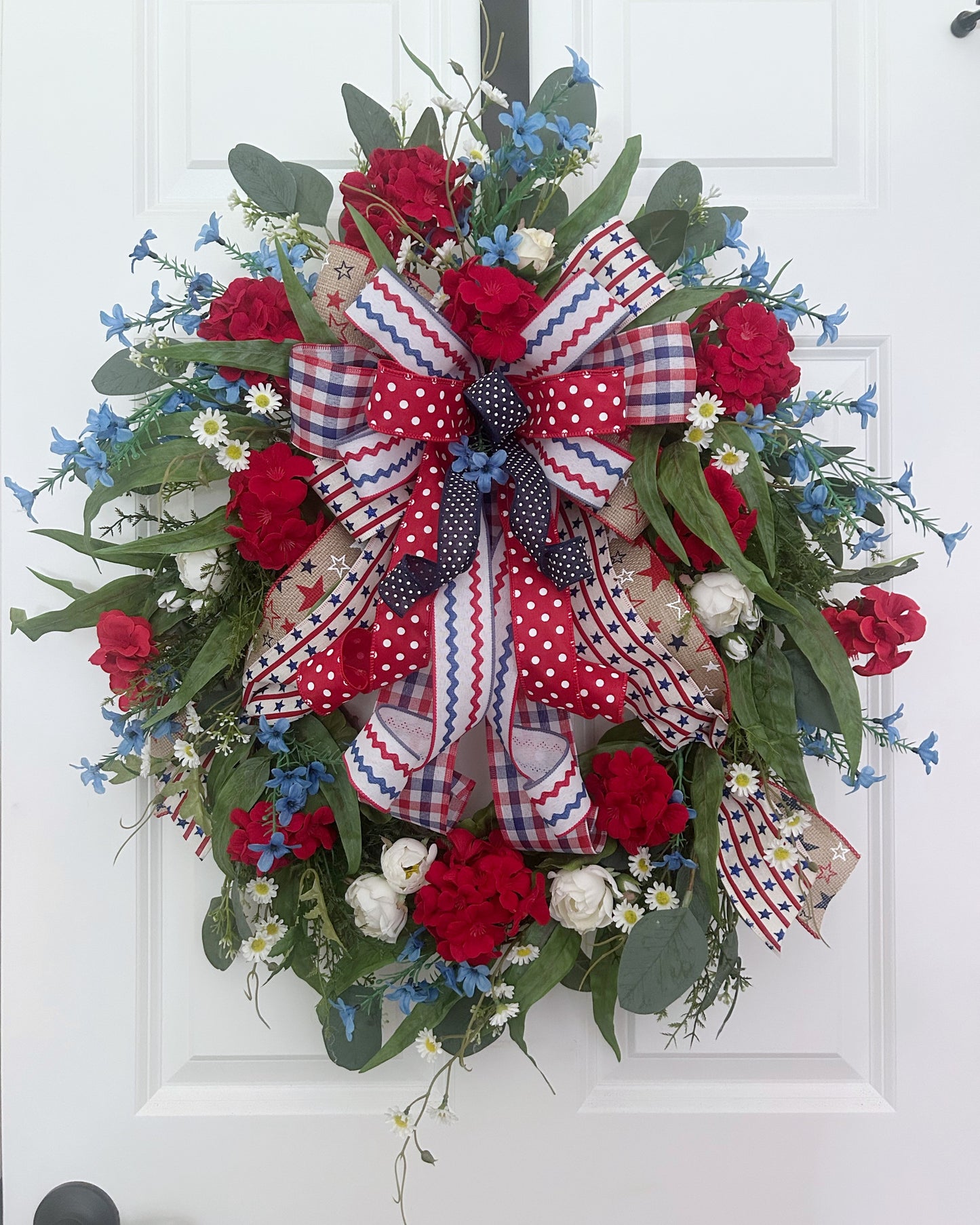 Patriotic Wreath for Front Door with Red Geraniums