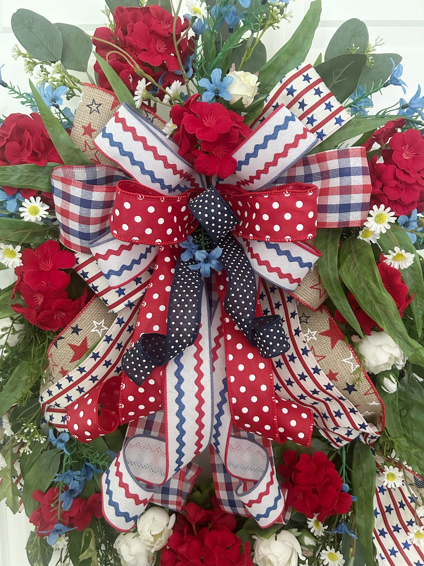 Patriotic Wreath for Front Door with Red Geraniums