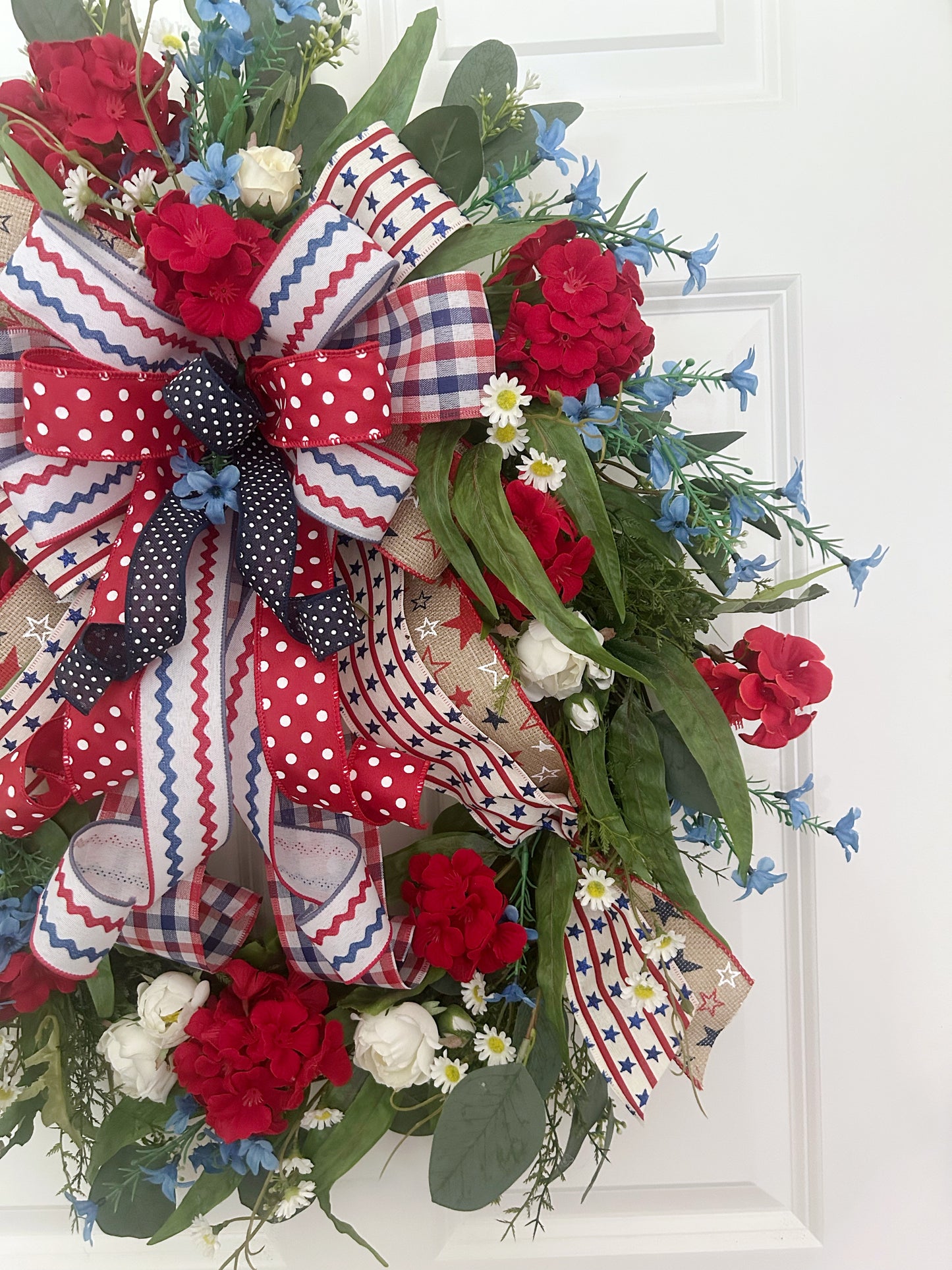Patriotic Wreath for Front Door with Red Geraniums