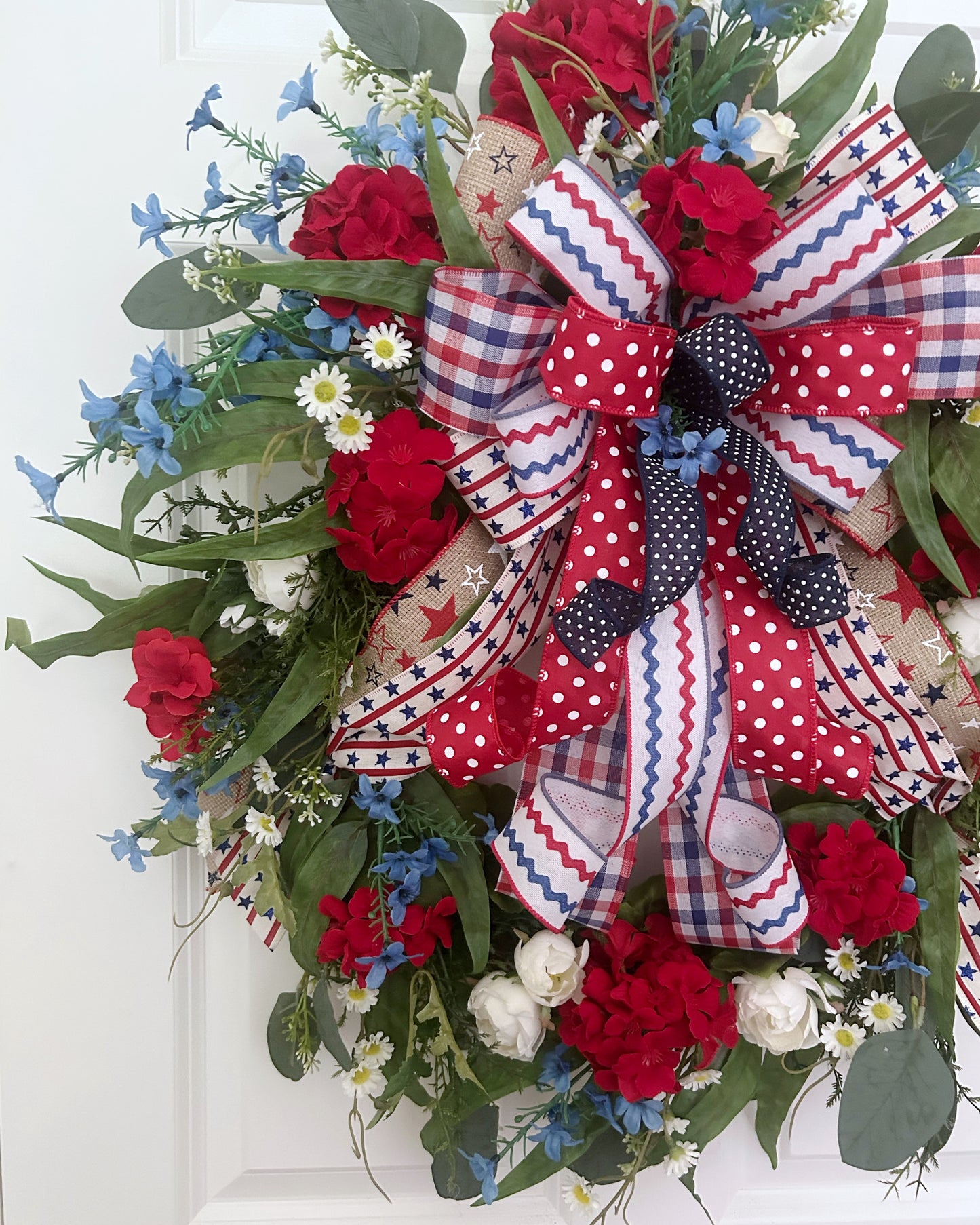 Patriotic Wreath for Front Door with Red Geraniums