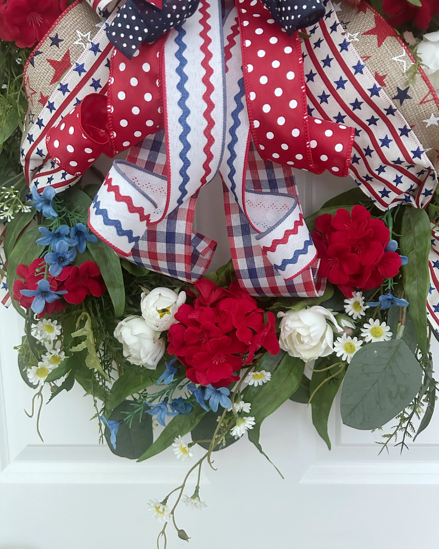 Patriotic Wreath for Front Door with Red Geraniums