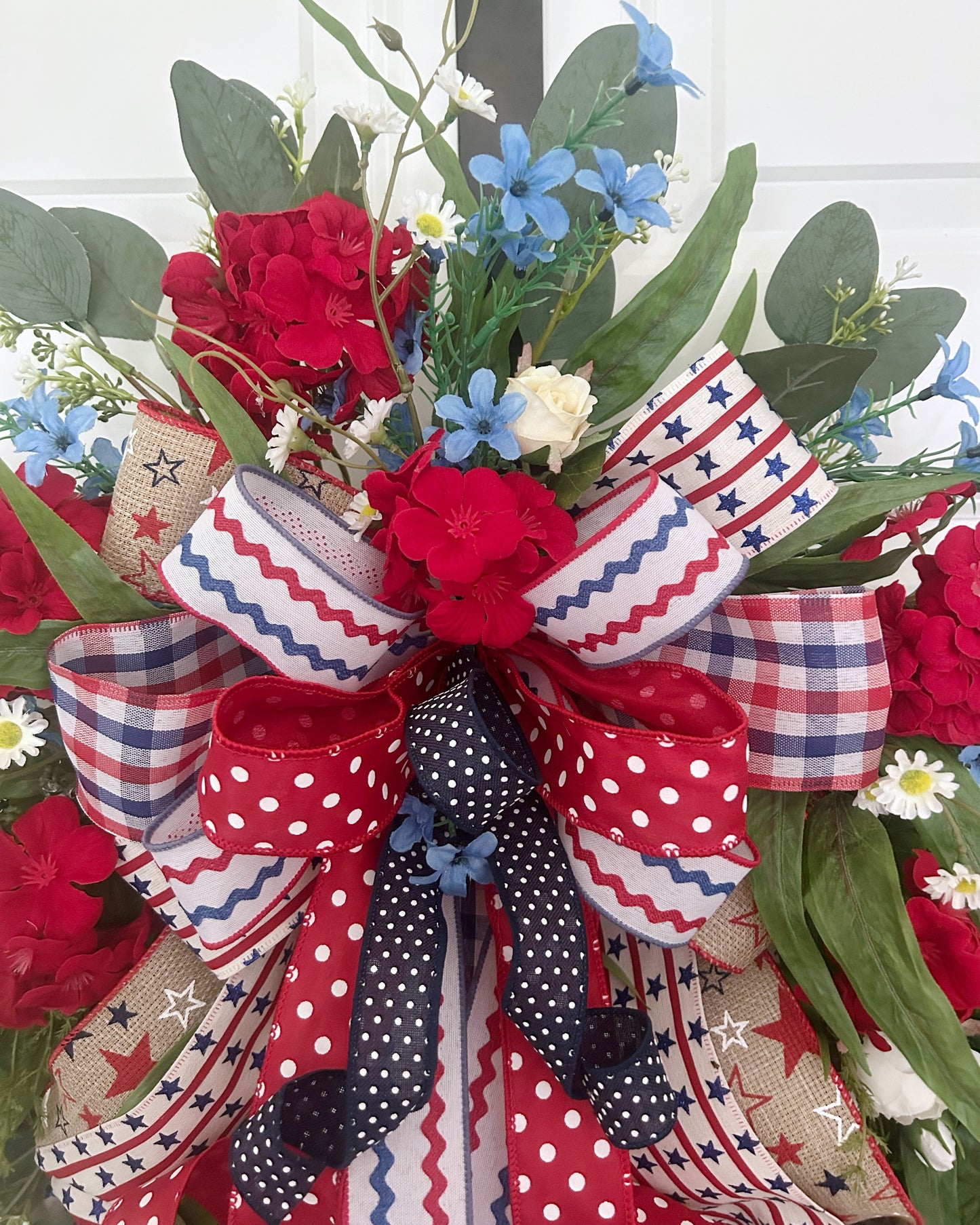 Patriotic Wreath for Front Door with Red Geraniums