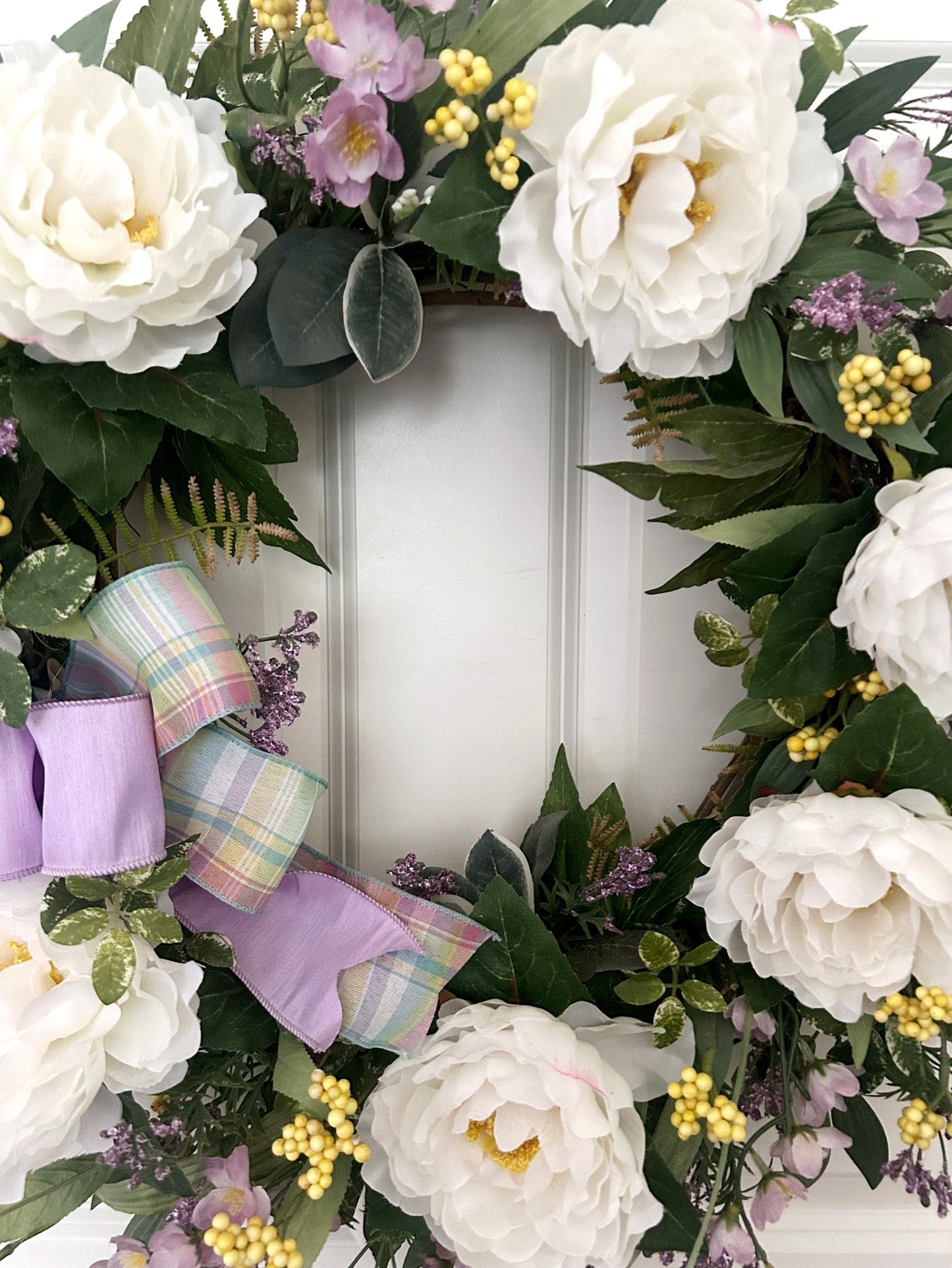 White Peony Wreath for Front Door, Spring Summer Garden Wreath