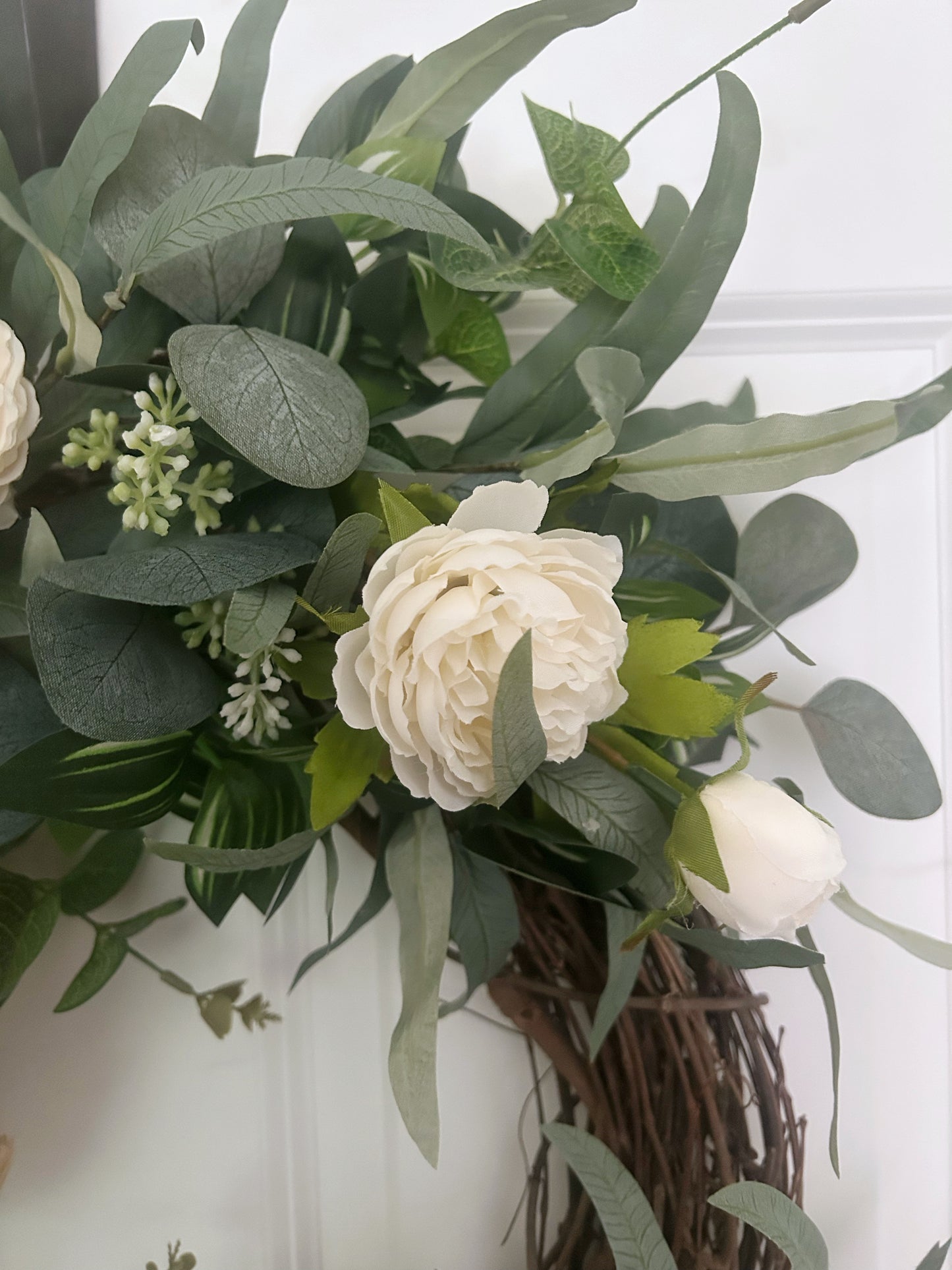White Rose Wreath for Front Door, Year Round Wreath