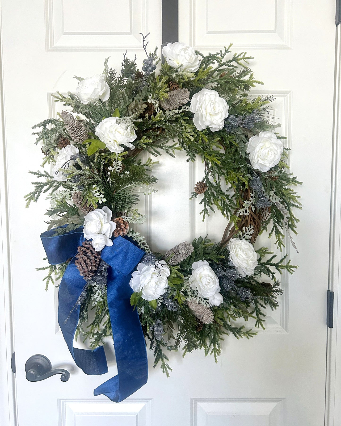 Elegant Winter Wreath with Norfolk Pine, White Ranunculus & Blue Berries – 24” Handcrafted Front Door Décor