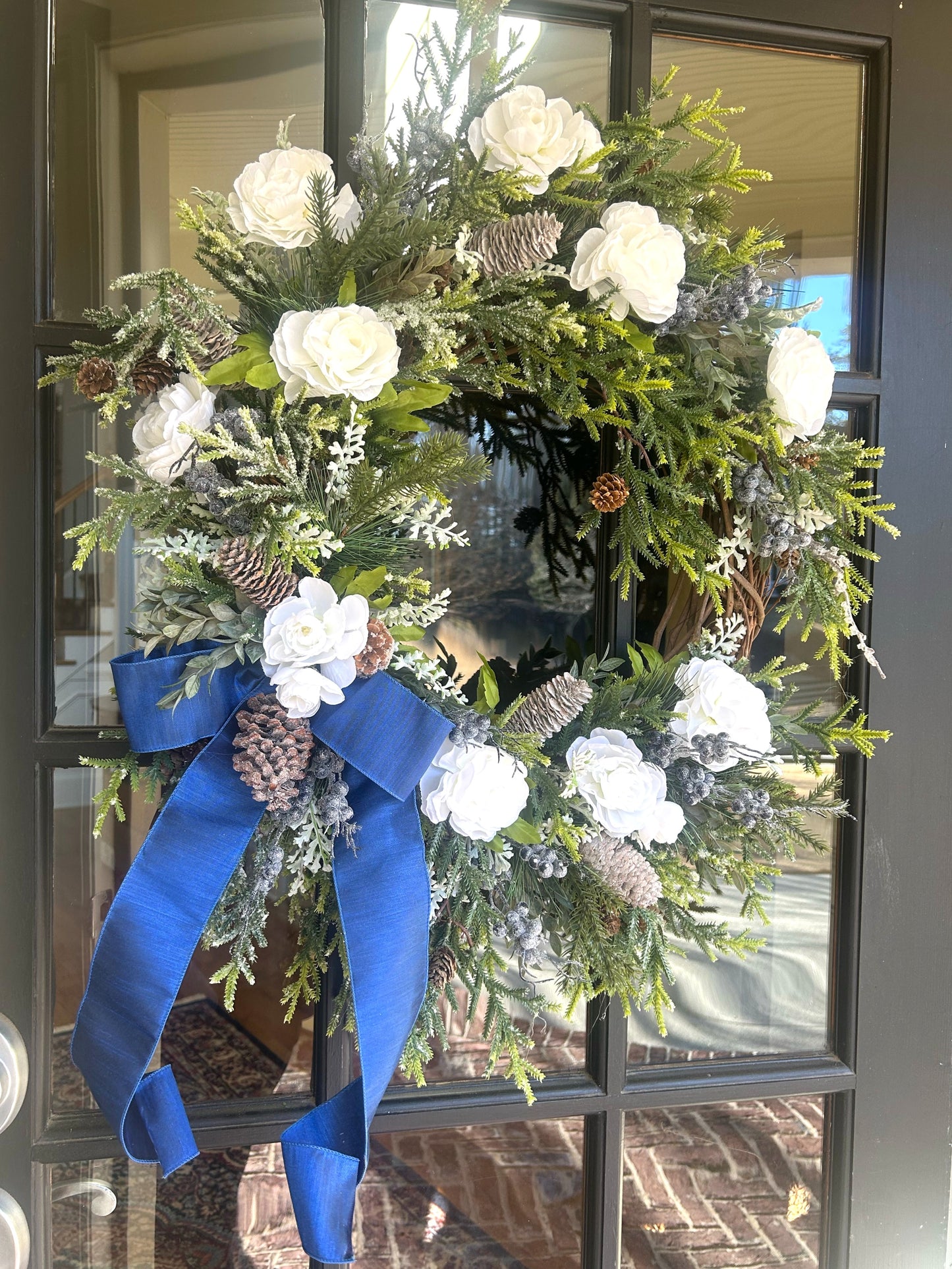 Elegant Winter Wreath with Norfolk Pine, White Ranunculus & Blue Berries – 24” Handcrafted Front Door Décor