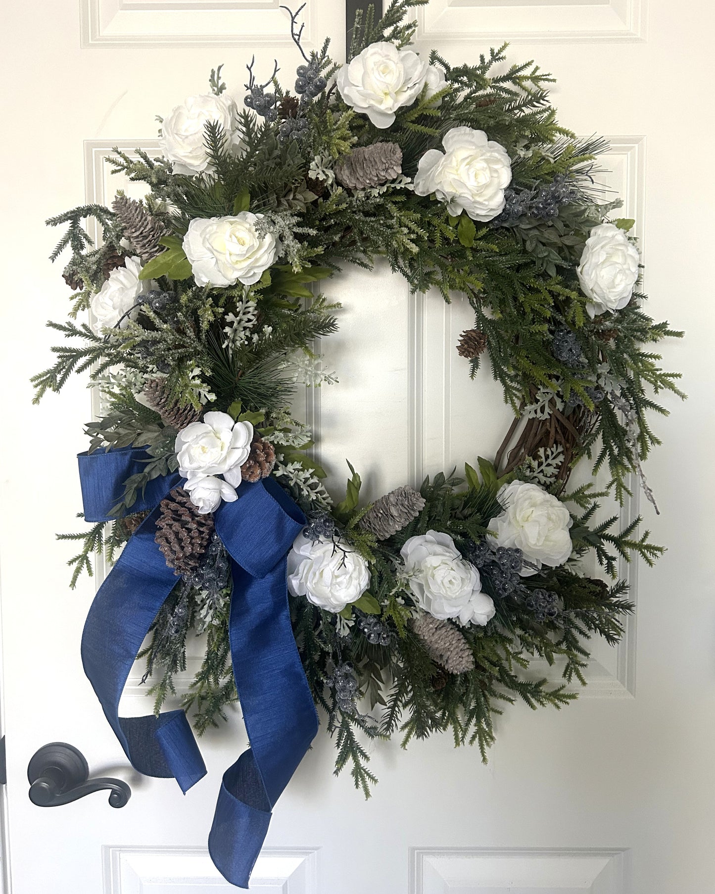 Elegant Winter Wreath with Norfolk Pine, White Ranunculus & Blue Berries – 24” Handcrafted Front Door Décor