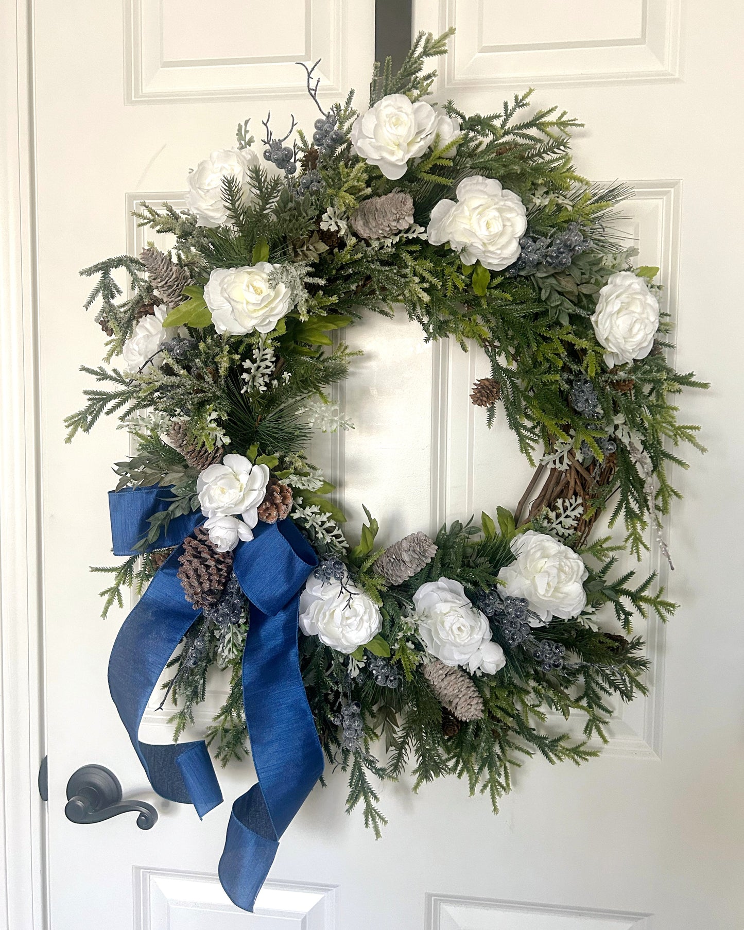 Elegant Winter Wreath with Norfolk Pine, White Ranunculus & Blue Berries – 24” Handcrafted Front Door Décor