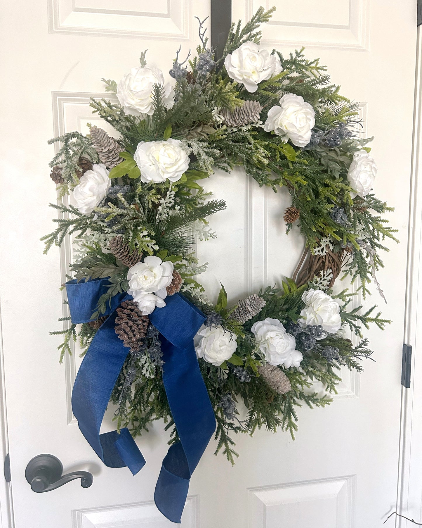 Elegant Winter Wreath with Norfolk Pine, White Ranunculus & Blue Berries – 24” Handcrafted Front Door Décor