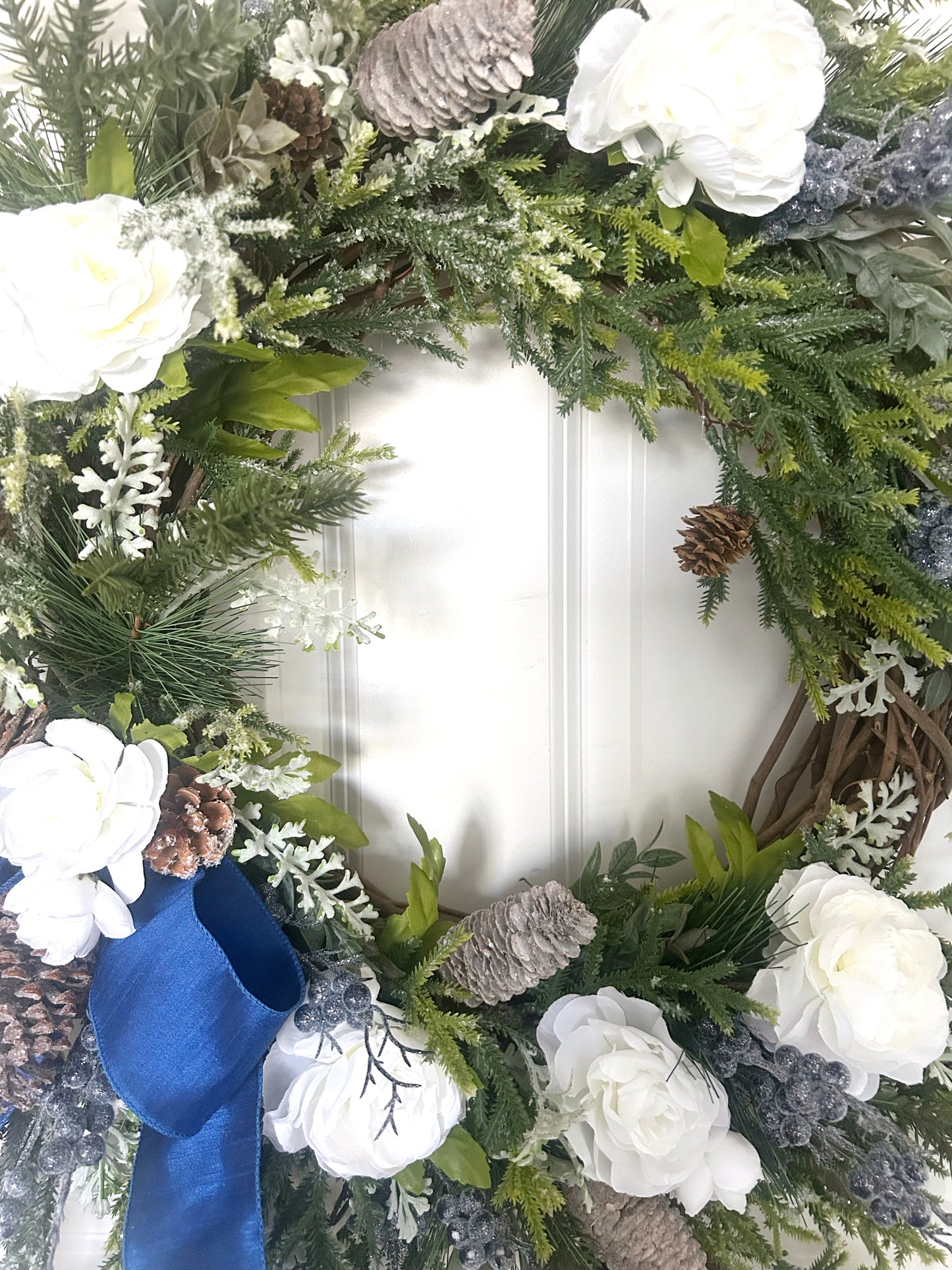 Elegant Winter Wreath with Norfolk Pine, White Ranunculus & Blue Berries – 24” Handcrafted Front Door Décor