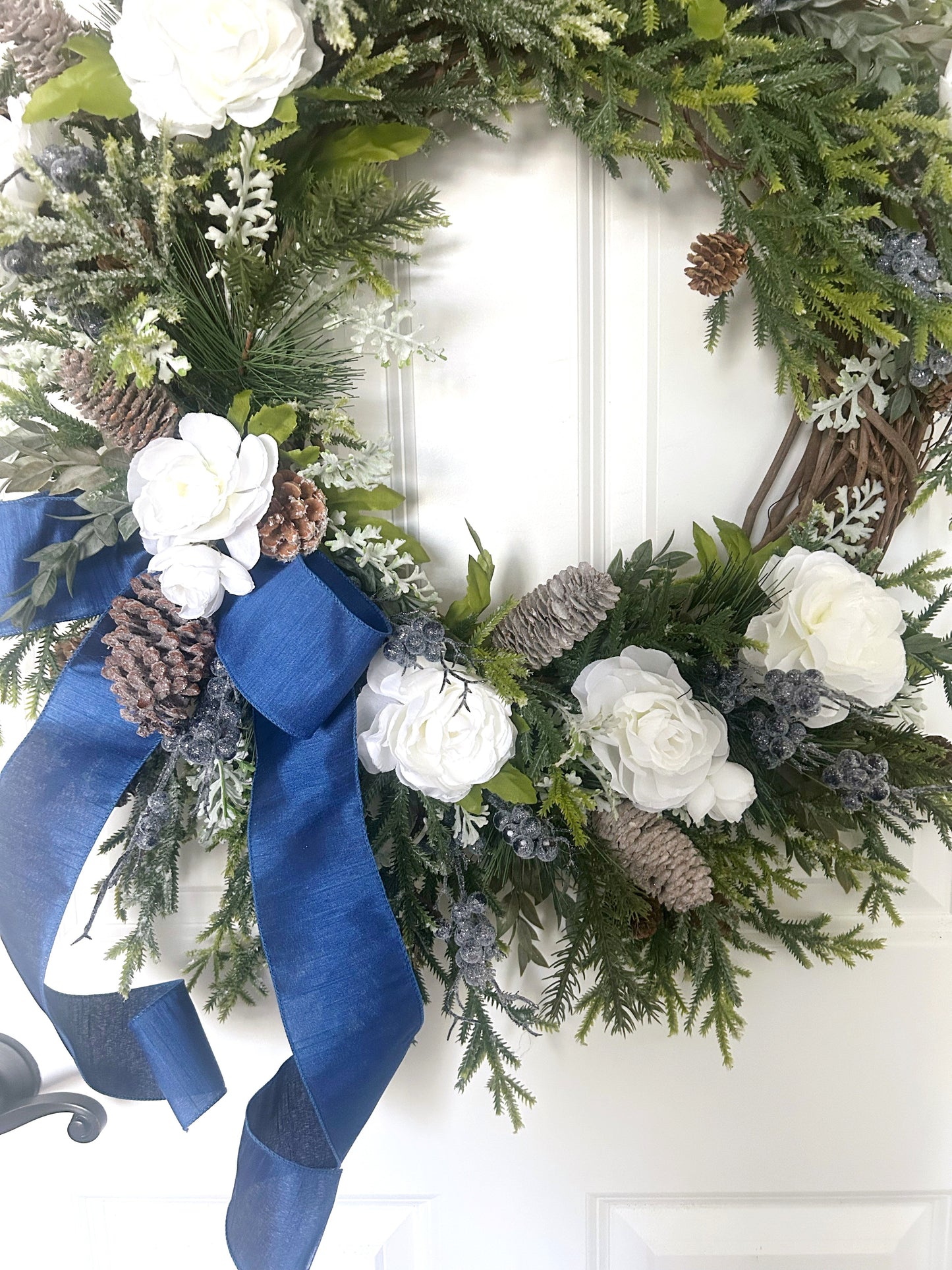 Elegant Winter Wreath with Norfolk Pine, White Ranunculus & Blue Berries – 24” Handcrafted Front Door Décor