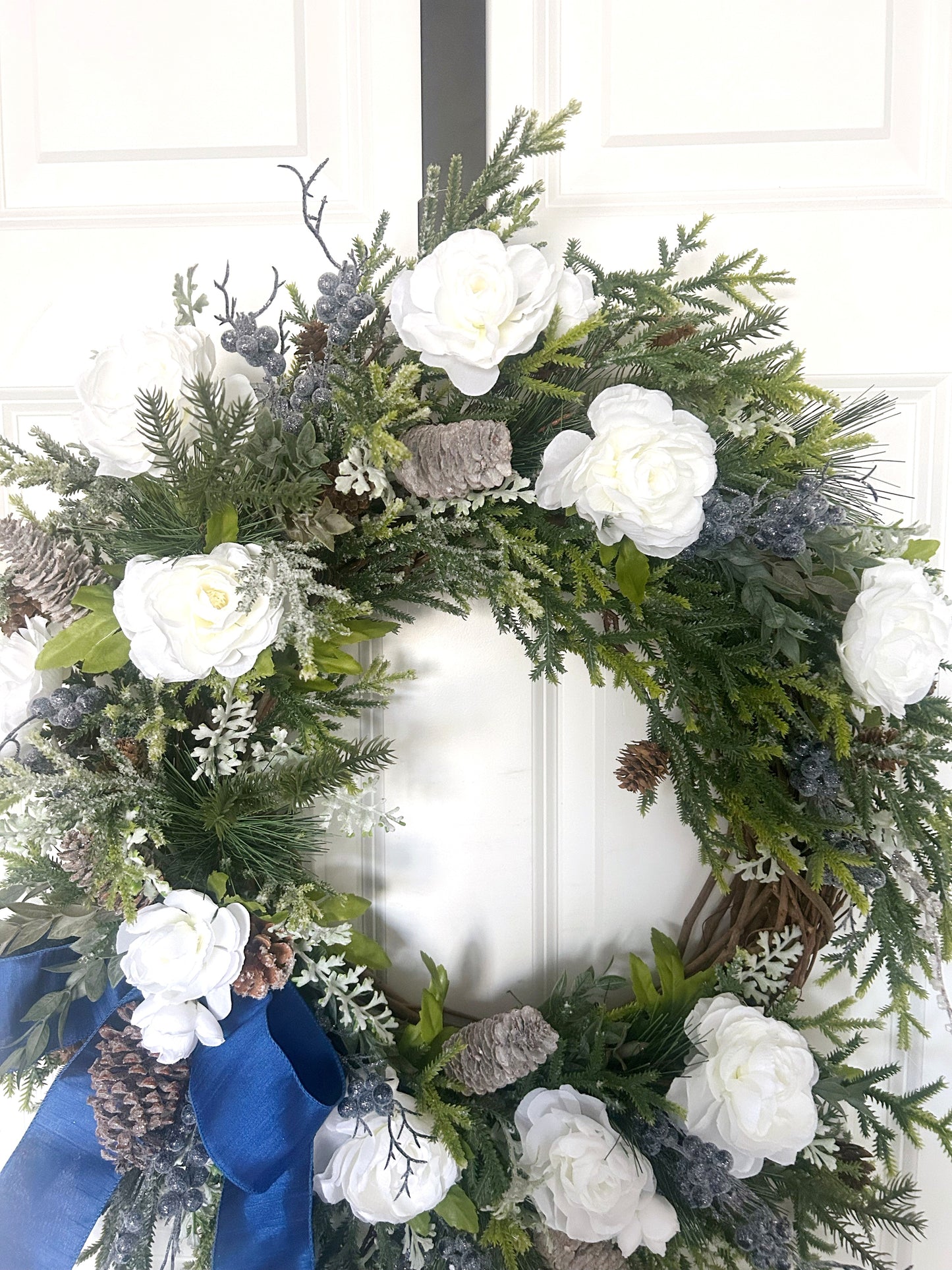 Elegant Winter Wreath with Norfolk Pine, White Ranunculus & Blue Berries – 24” Handcrafted Front Door Décor