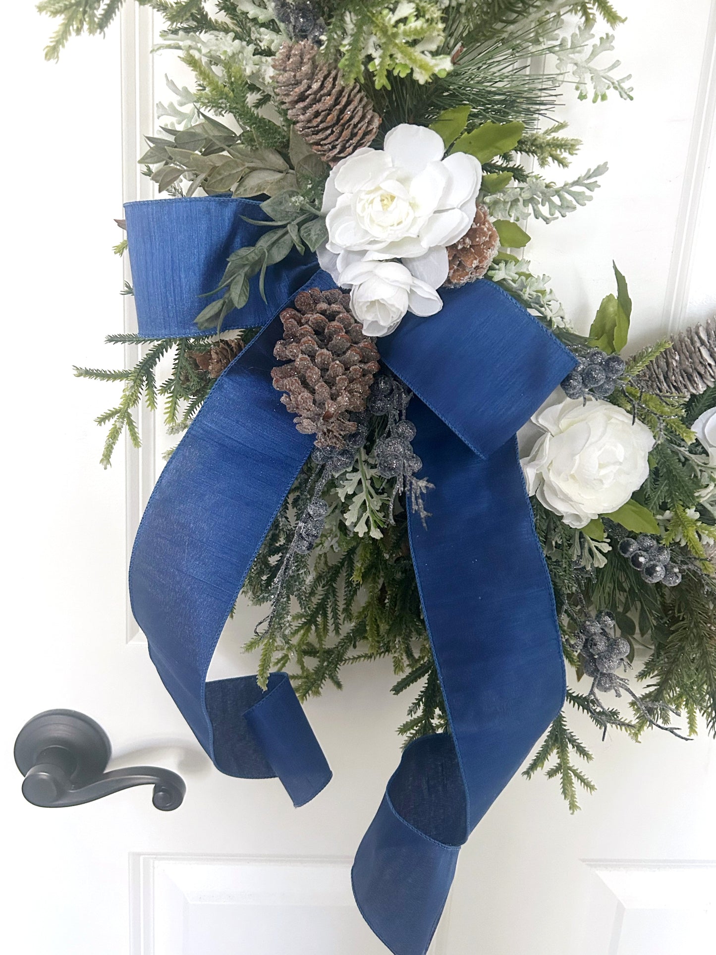 Elegant Winter Wreath with Norfolk Pine, White Ranunculus & Blue Berries – 24” Handcrafted Front Door Décor