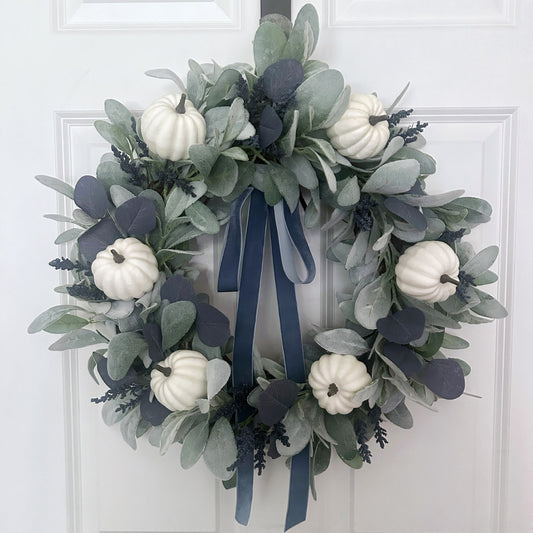 Fall Lambs Ear Wreath with White Pumpkins