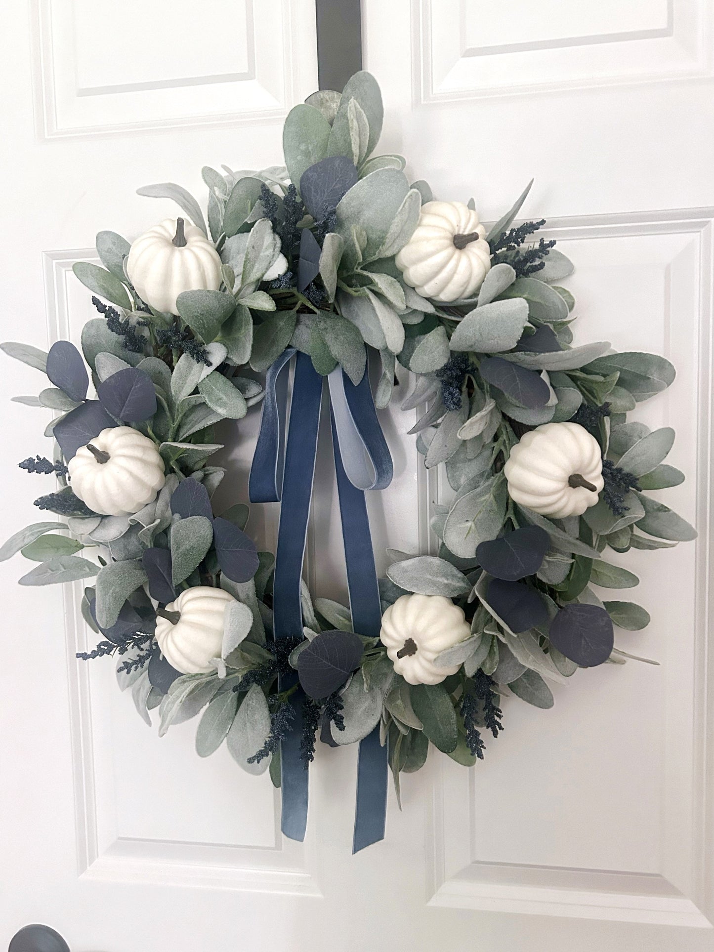 Fall Lambs Ear Wreath with White Pumpkins