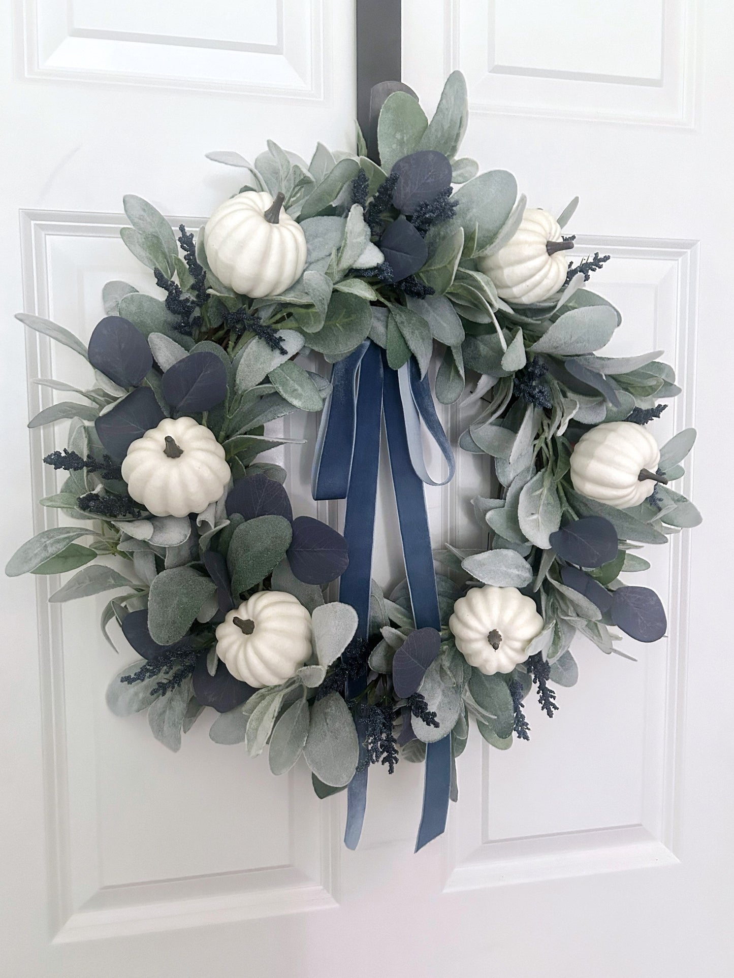 Fall Lambs Ear Wreath with White Pumpkins