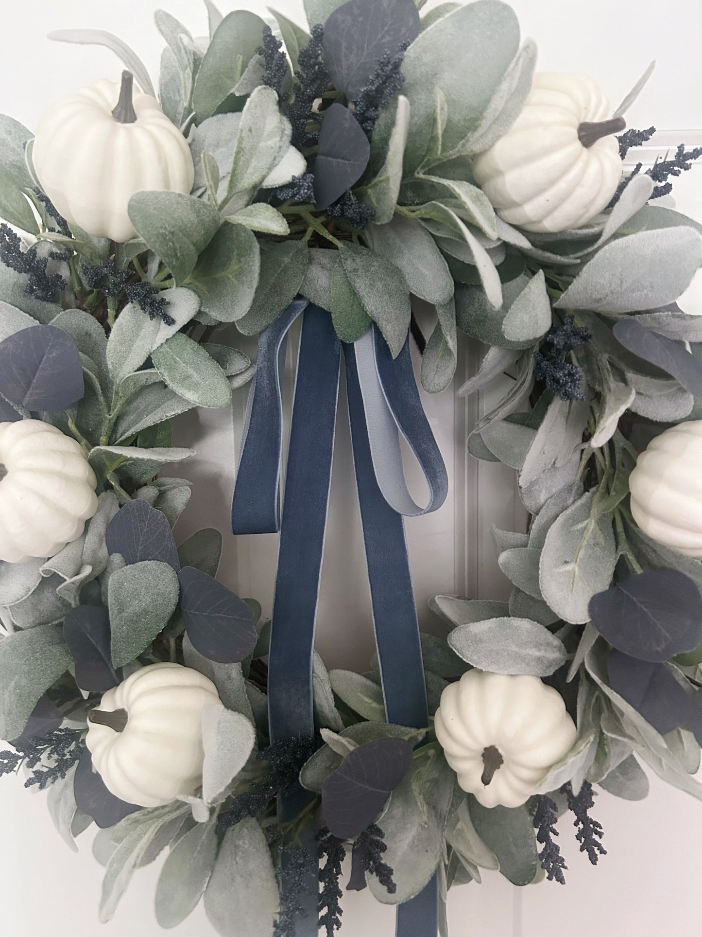 Fall Lambs Ear Wreath with White Pumpkins