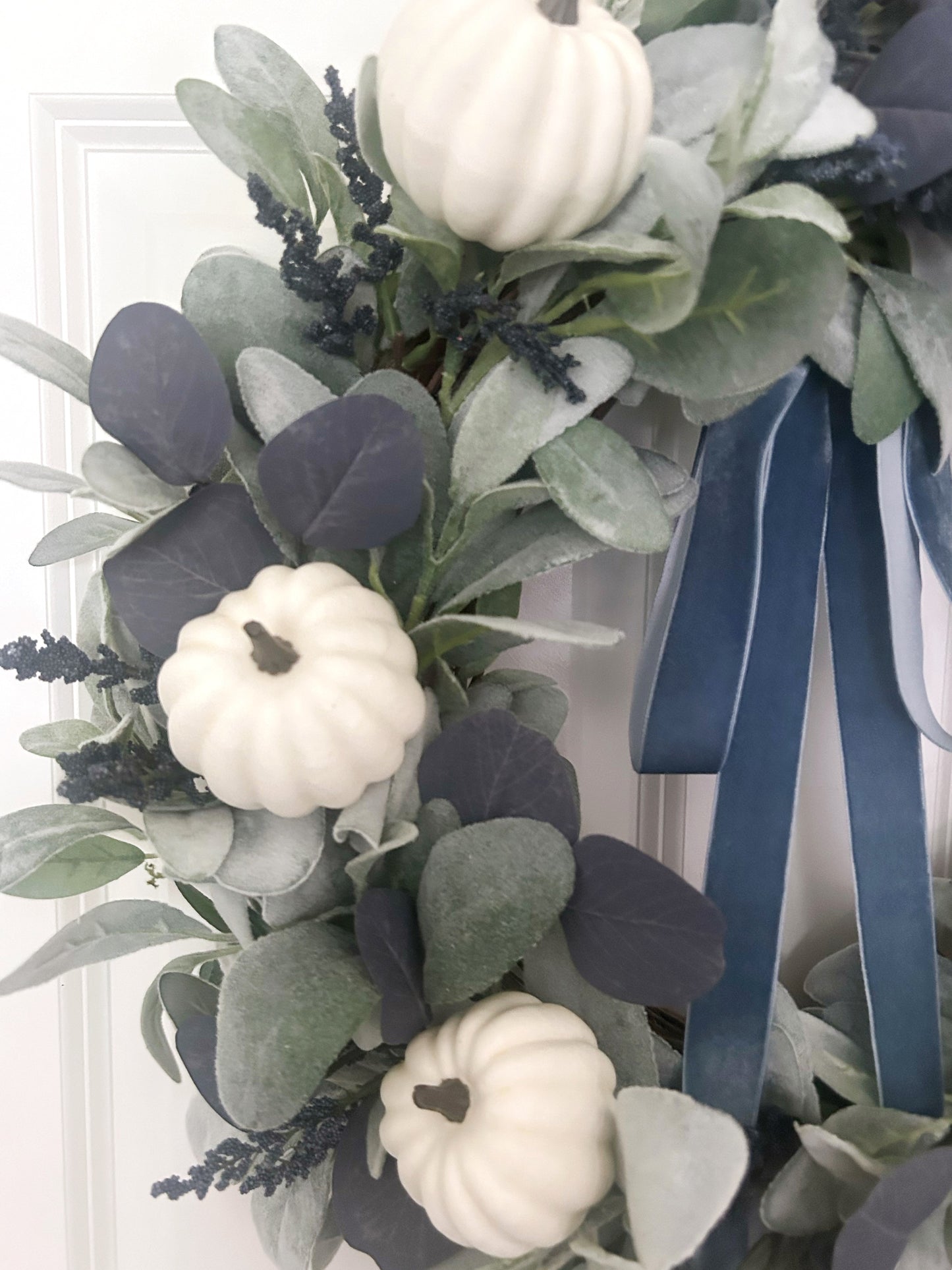 Fall Lambs Ear Wreath with White Pumpkins