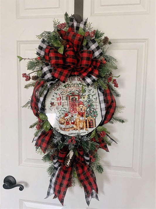 Buffalo Plaid Christmas Swag Wreath with Golden Retriever Dogs