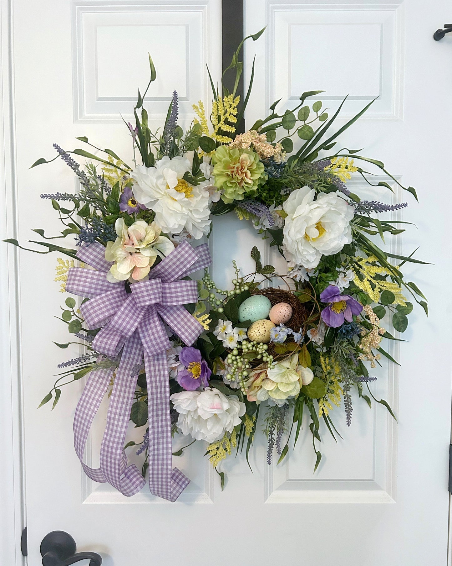 Large Easter Wreath for Front Door — Pastel Spring Flowers, Birds Nest & Oversized Peonies — Easter & Spring Decorative Outdoor Wreath for Porch, Wall, or Entryway