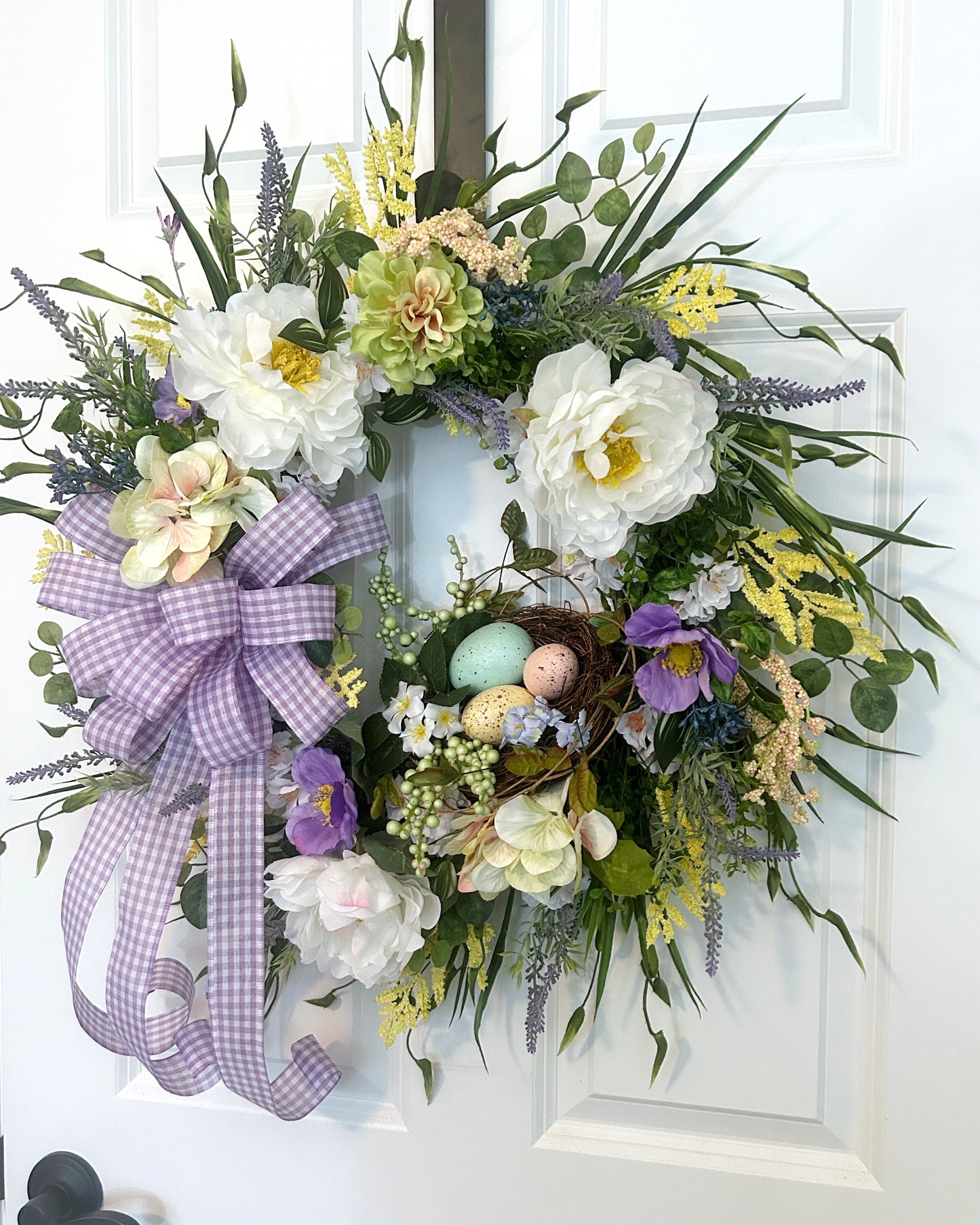 Large Easter Wreath for Front Door — Pastel Spring Flowers, Birds Nest & Oversized Peonies — Easter & Spring Decorative Outdoor Wreath for Porch, Wall, or Entryway