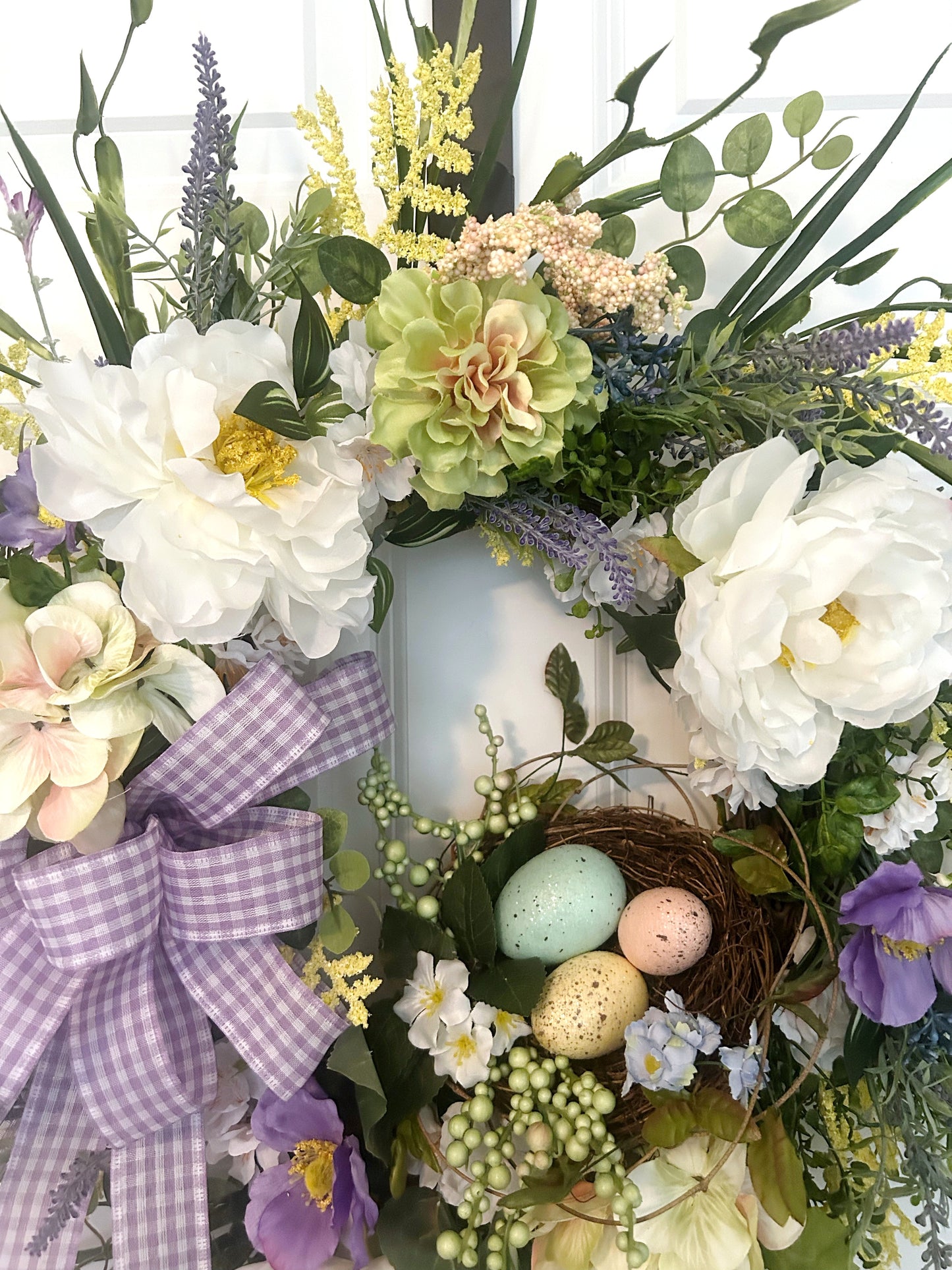 Large Easter Wreath for Front Door — Pastel Spring Flowers, Birds Nest & Oversized Peonies — Easter & Spring Decorative Outdoor Wreath for Porch, Wall, or Entryway