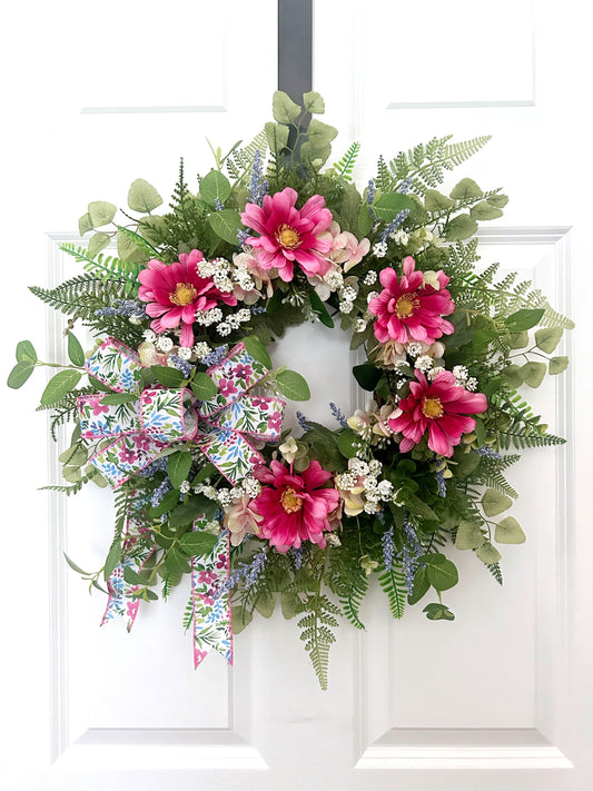 Hot Pink Daisy Wreath, Colorful Summer Wreath